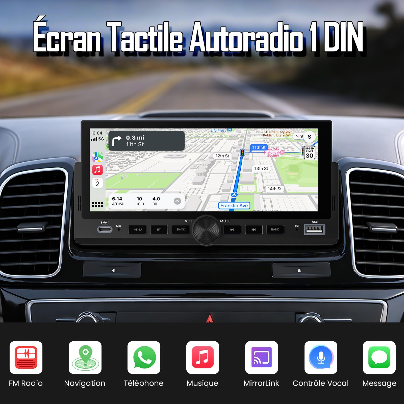 Autoradio 1 DIN, CarPlay Voiture & Android Auto sans Fil, Poste Radio Bluetooth Main Libre, Écran Tactile, Navigation GPS, Contrôle Vocal, AUX/FM, MirrorLink, USB Type-C (6,86")