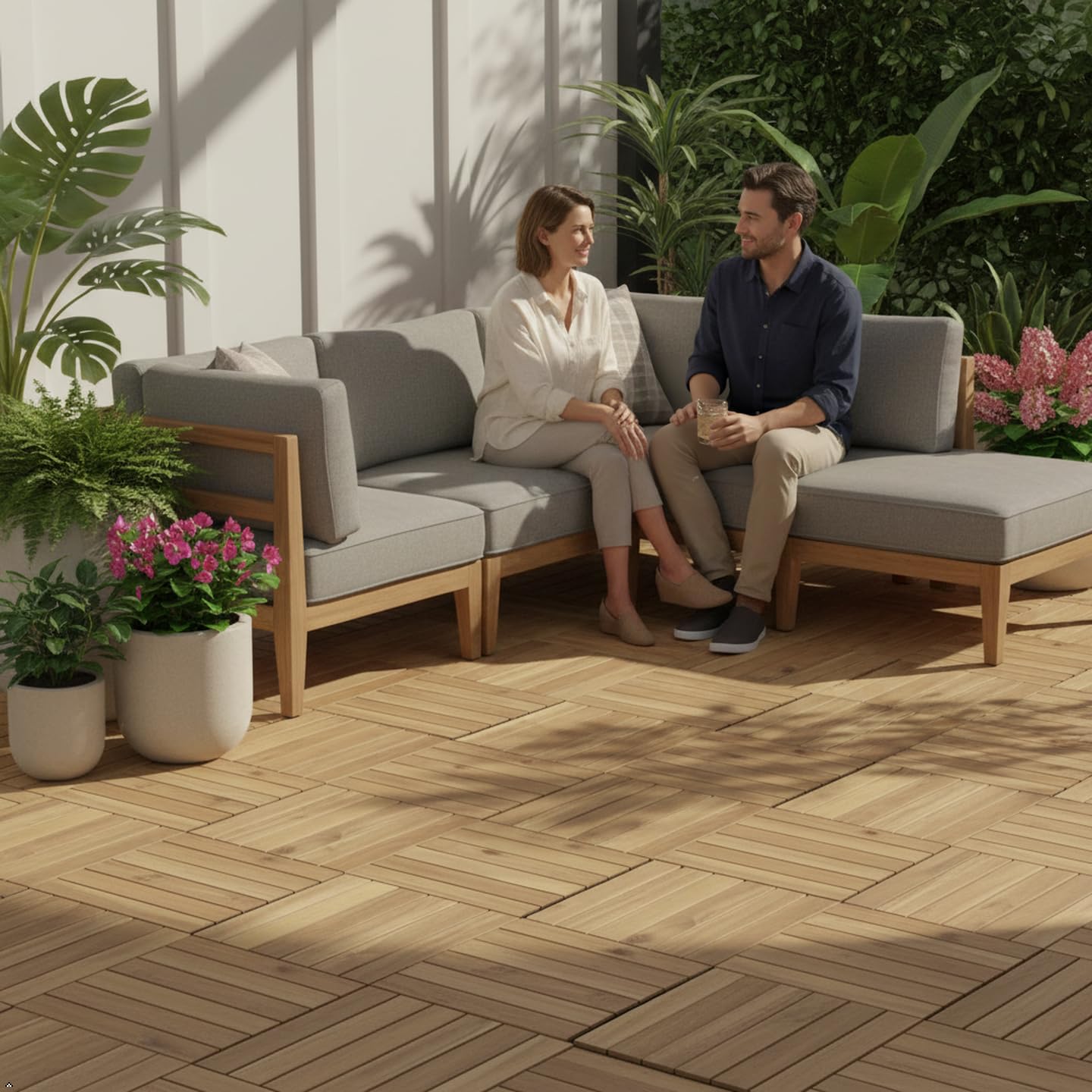 VICTORY RELAX Natural Acia 12x12 Interlocking Wood Deck Tiles for Balcony, Garden, Patio, Poolside Decor - Waterproof Indoor & Outdoor Flooring - 6 Slats, Square Joints, Pack of 9, White Oak Color