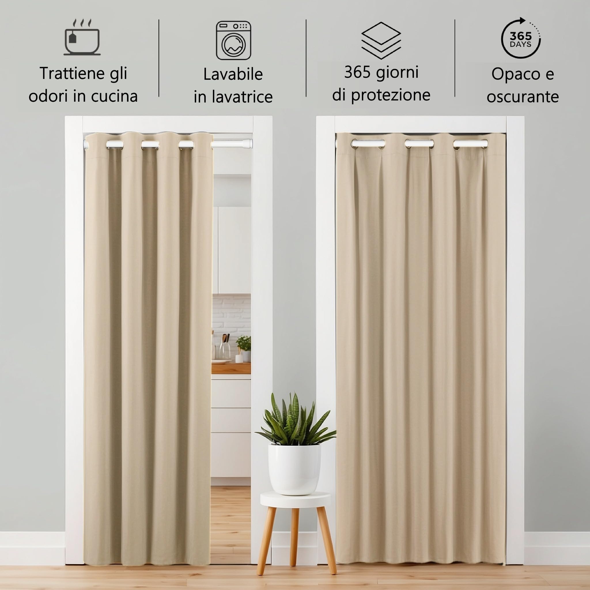 tenda per porta o armadio con asta telescopica, facile da installare in 1 solo minuto senza forare (tenda beige + asta bianca, larghezza porta 55-90 cm)
