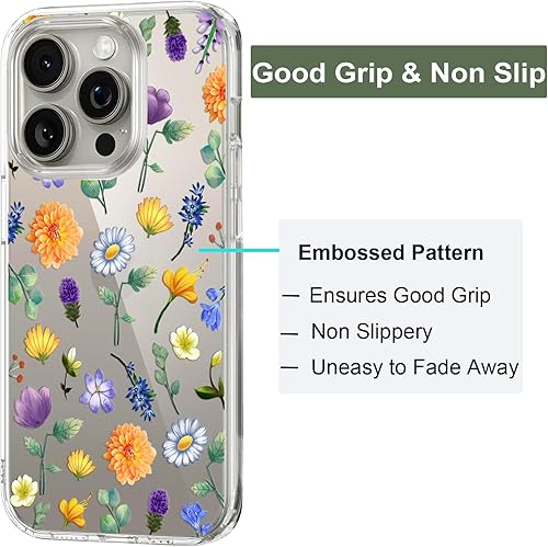 Miniatura 5 de Unov Funda compatible con iPhone 15 Pro Max, transparente con diseño en relieve, patrón floral en relieve, TPU suave, parachoques delgado, protector