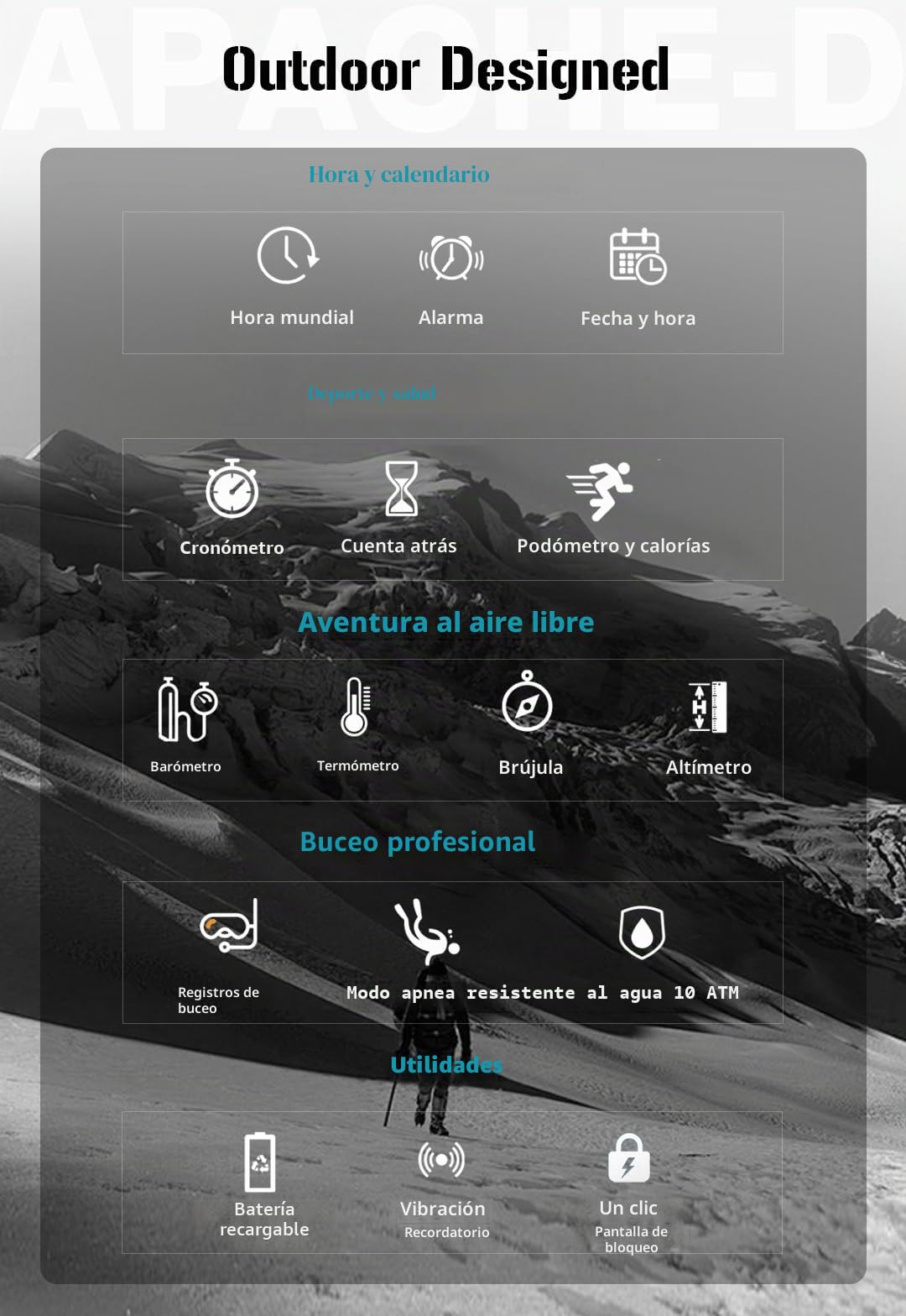 NORTH EDGE Apache-D Reloj de apnea para Hombre, 50 m, Recargable | 10 ATM de resistencia al agua, brújula digital, altímetro, barómetro, temperatura del agua y registro de inmersiones