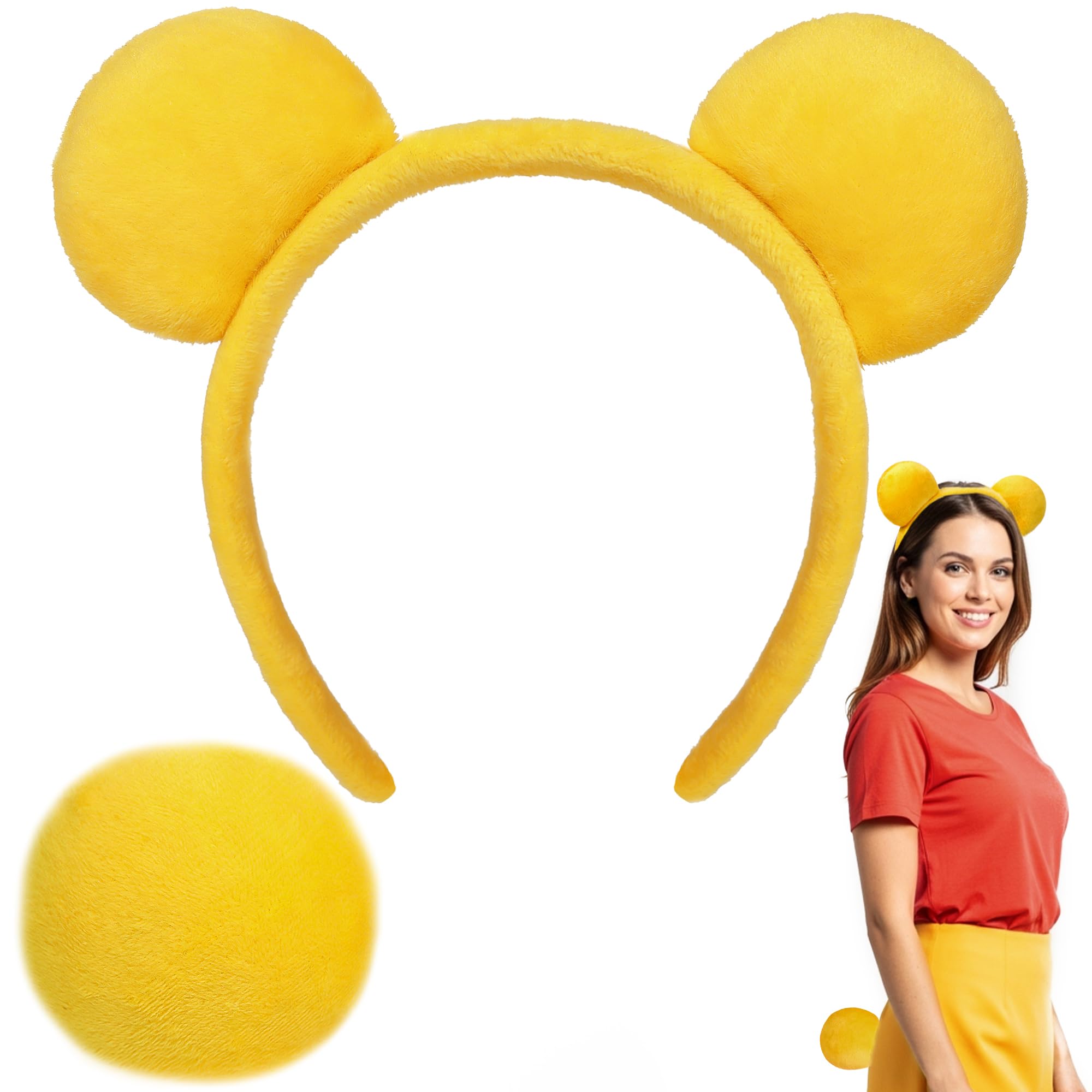 itswordpiz Yellow Bear Ears Headband and Tail, Halloween Costume for Adult Women, Yellow Ears Headband for Cosplay Accessories Party Supplies
