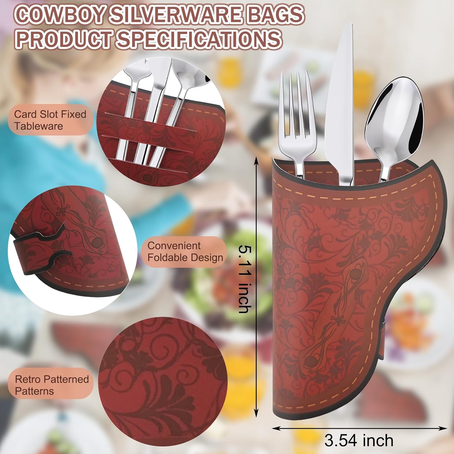 60 PCS Cowboy Holster Silverware Holders, Paper Silverware Holders Vintage Utensil Pouch Bags Western Party Tableware Supplies Cutlery Sleeve, Brown
