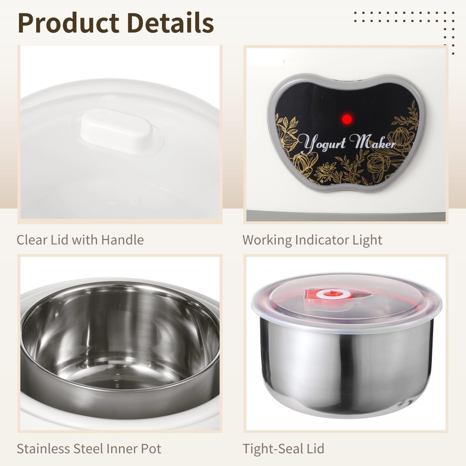 Máquina para hacer yogurt de 15 W, máquina automática de yogur de acero inoxidable de 1,2 L con 5 tarros de vidrio de sellado hermético, temperatura constante automática, calefacción PTC, máquina de