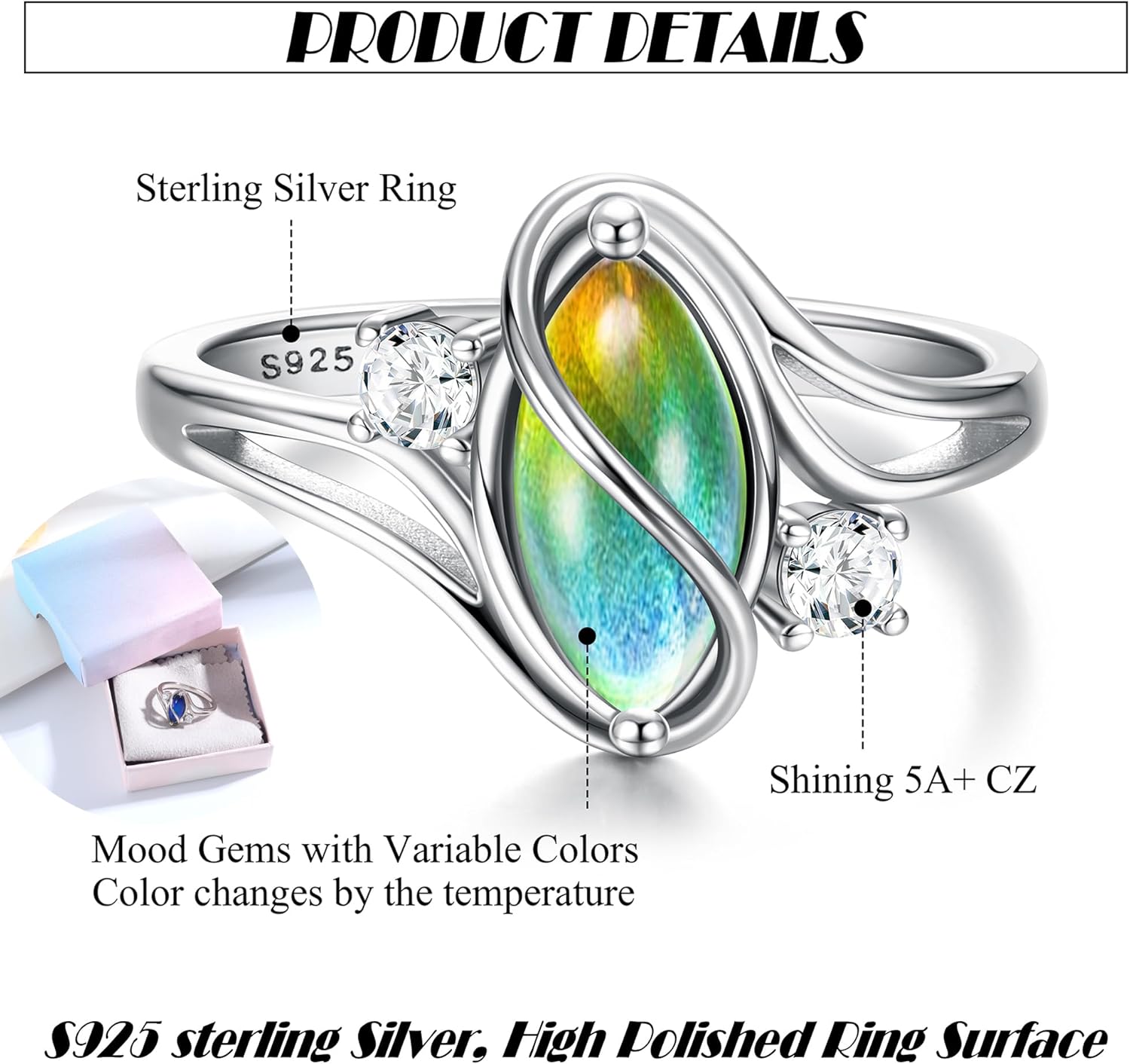 ADRAMATA 925 Sterling Silver Rings for Women Mood Ring Color Change Cubic Zirconia Accents Ring 18K Gold Plated Oval Solitaire Statement Silver Rings Jewelry - Image 3