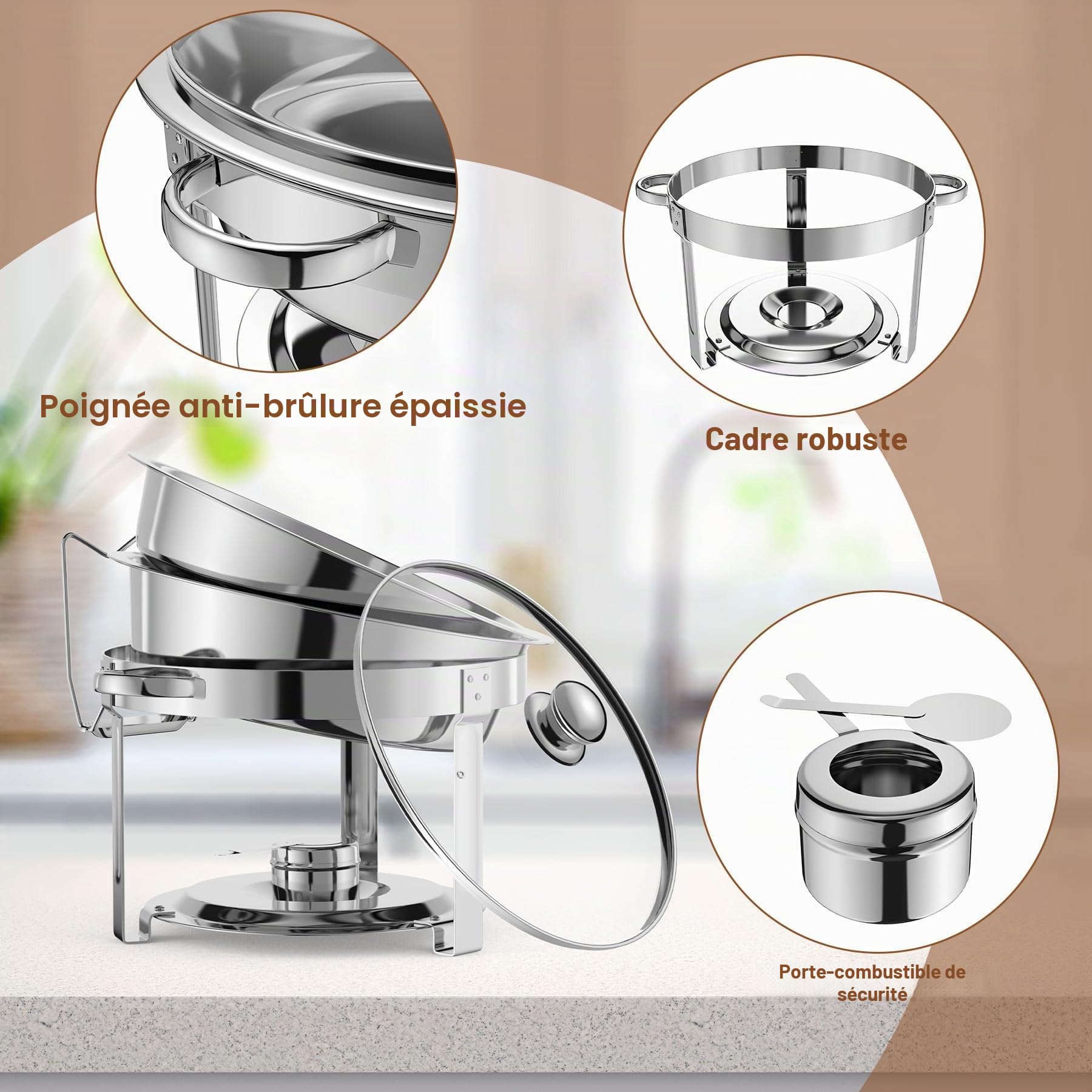 NArra Lot de 4 Plats à réchaud pour Buffet, 7.5 L Couvercle Rond en Verre, en Acier Inoxydable, Cadre épais avec couvercles en Miroir, Chauffe-Plats pour fêtes, Mariages, Pique-niques