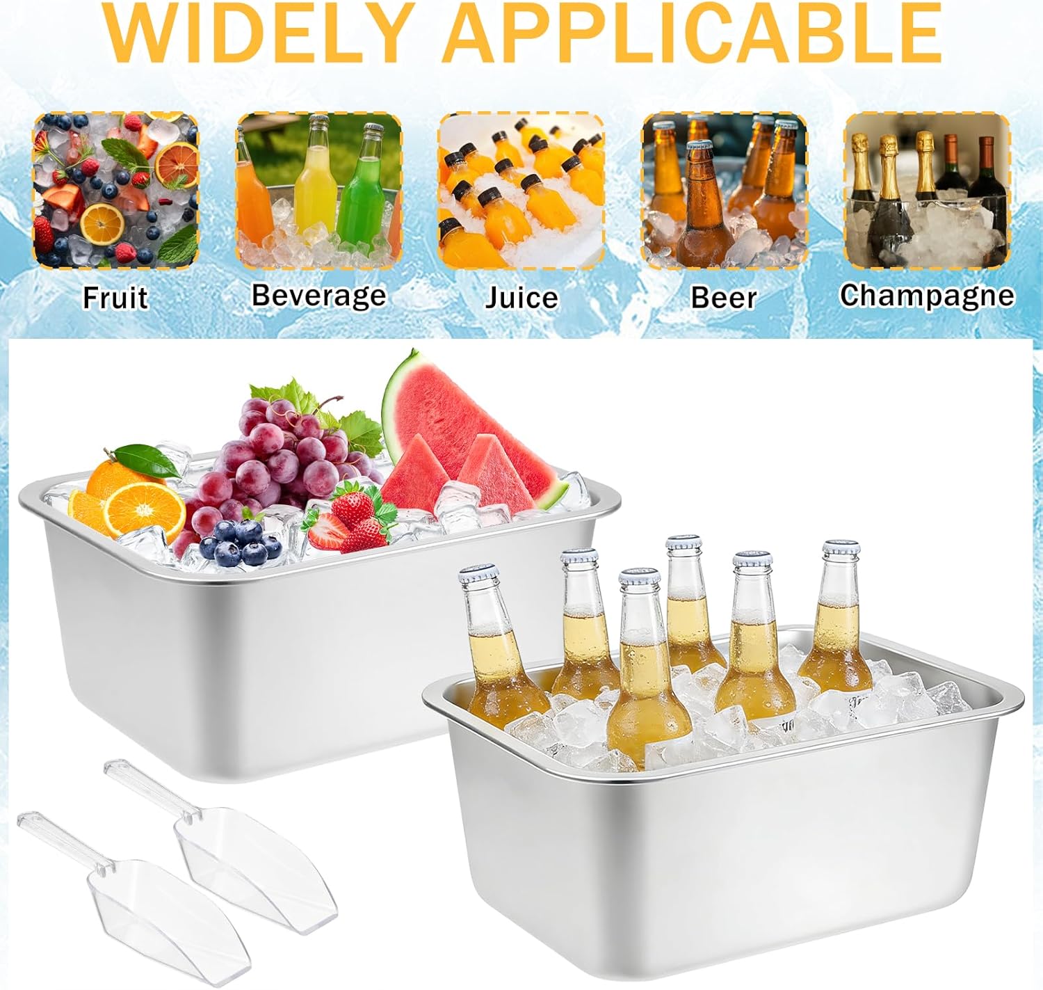 2 Pack Large Strainless Steel Beverage Tub with 2 Ice Scoops, Beer Ice Bucket Drink Cooler Beer Champagne Bucket Drink Chiller Tub Ice Cube Bin for Freezer Cocktails Wine Cooling Mimosa Bar Supplies