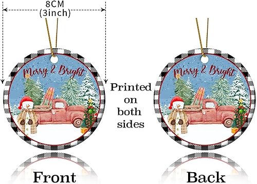 Miniatura 3 de Adornos de Navidad de búfalo a cuadros alegres y brillantes, muñeco de nieve, trineo, camión rojo, adorno redondo para árbol de Navidad, adorno de