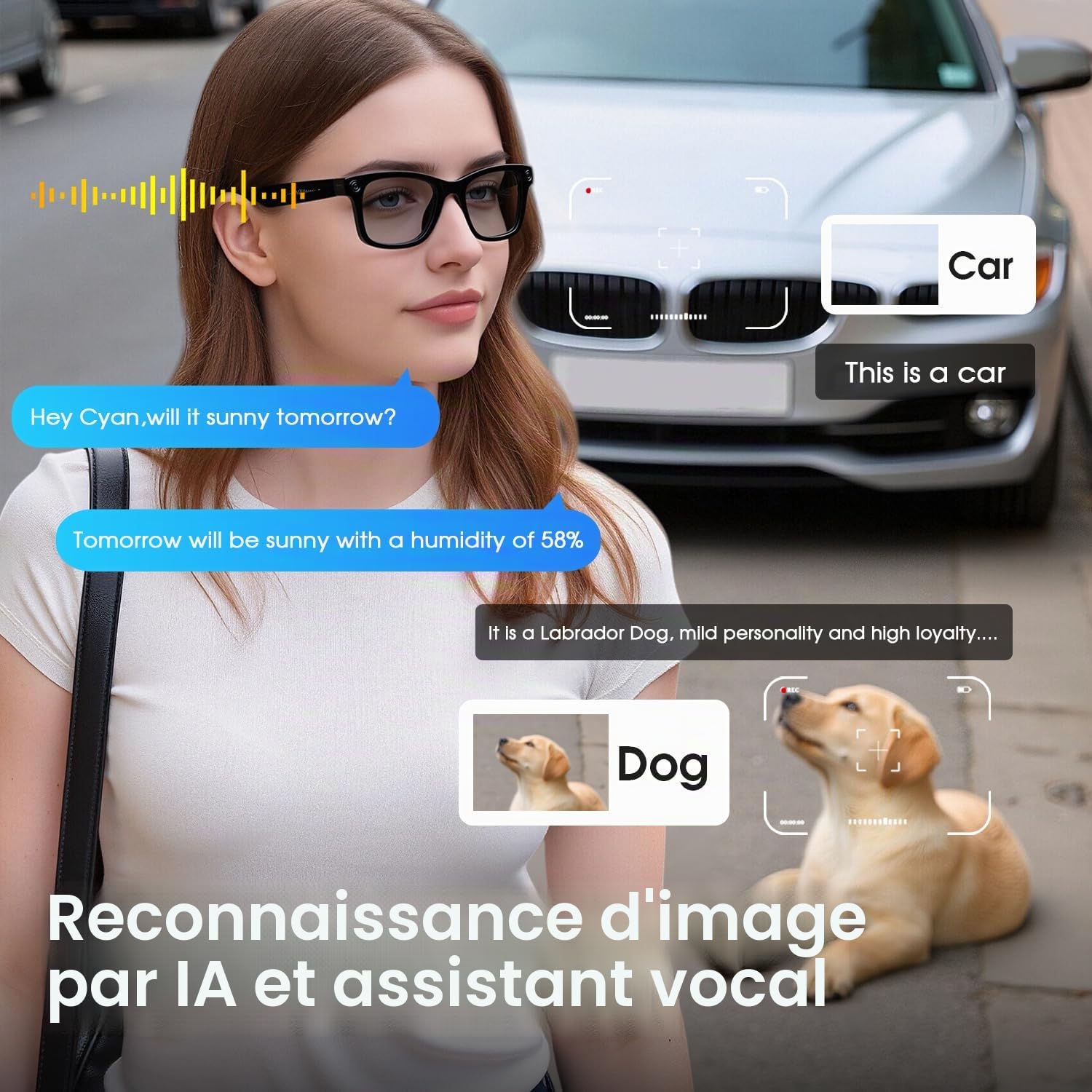 AI Smart Glasses 4K Caméra HD 290mAh 800W Lunettes de caméra avec Enregistrement vidéo, Traduction simultanée/Identification d'objet GPT, lentilles photochromiques