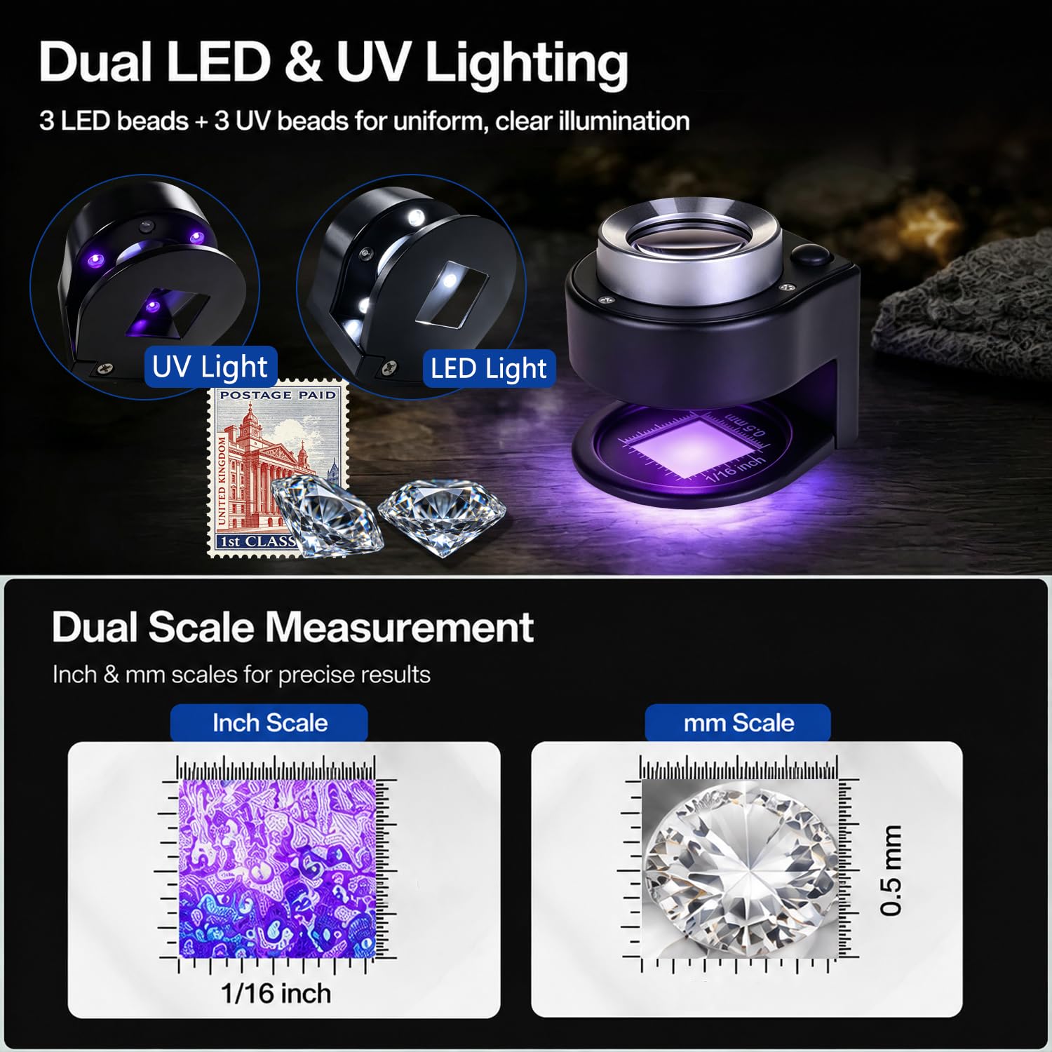 Lupa recargable de escritorio con luz LED y UV (30 unidades)