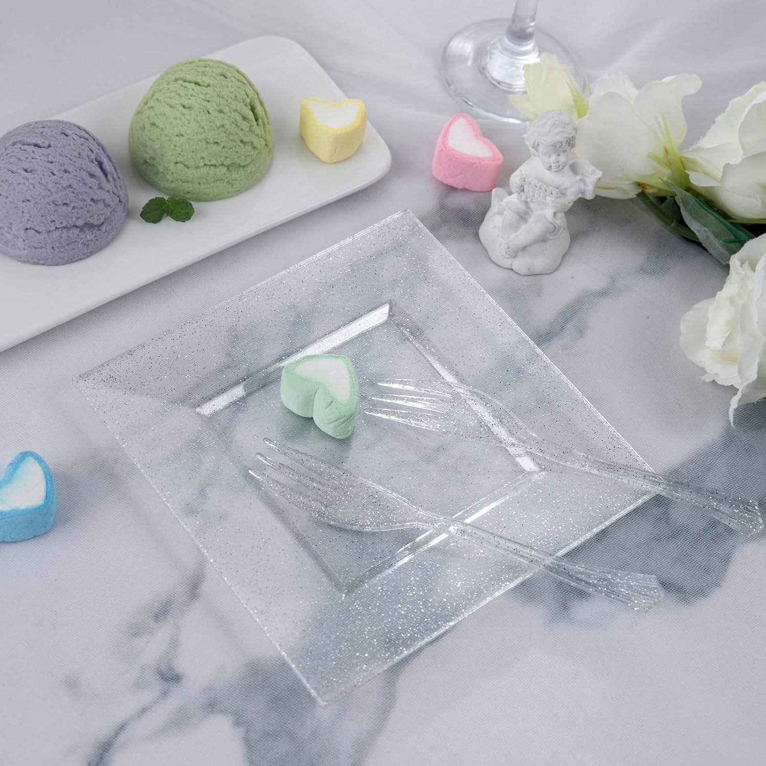 DaYammi 200Pcs Dessert Plates Set Including:100Pcs Cake Plates 6" with 100Pcs Silver Forks 5.7"- Silver Glitter Disposable Square Plate,Appetizer Plates and Forks Combo Bulk Set for Party Wedding - Image 8