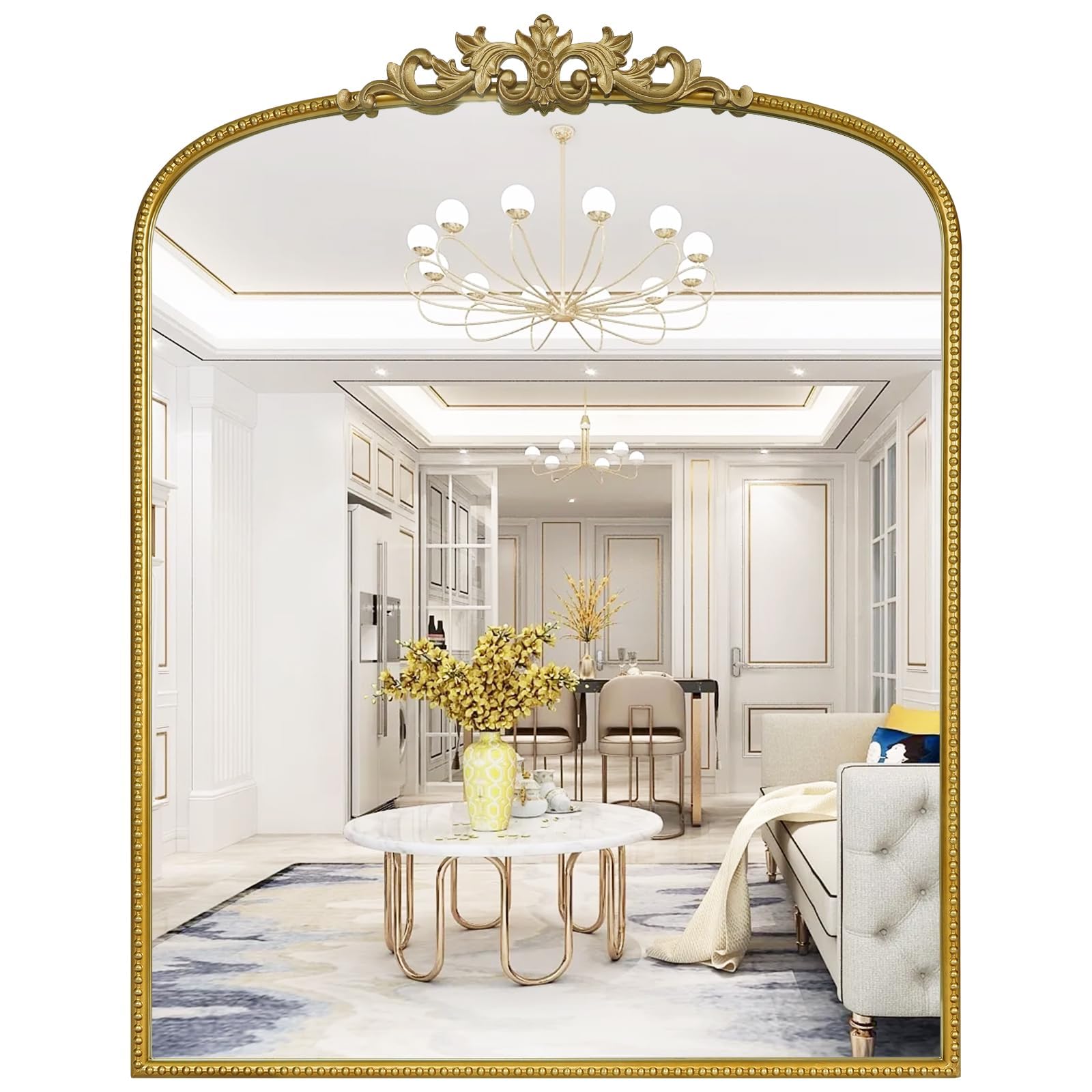 WallBeyond Gold Vintage Mirror for Vanity 28x36 Inch, Gold Antique Mirror with Ornate Frame, Arched Vintage Wall for Bathroom, Living Room, Fireplace, Entryway