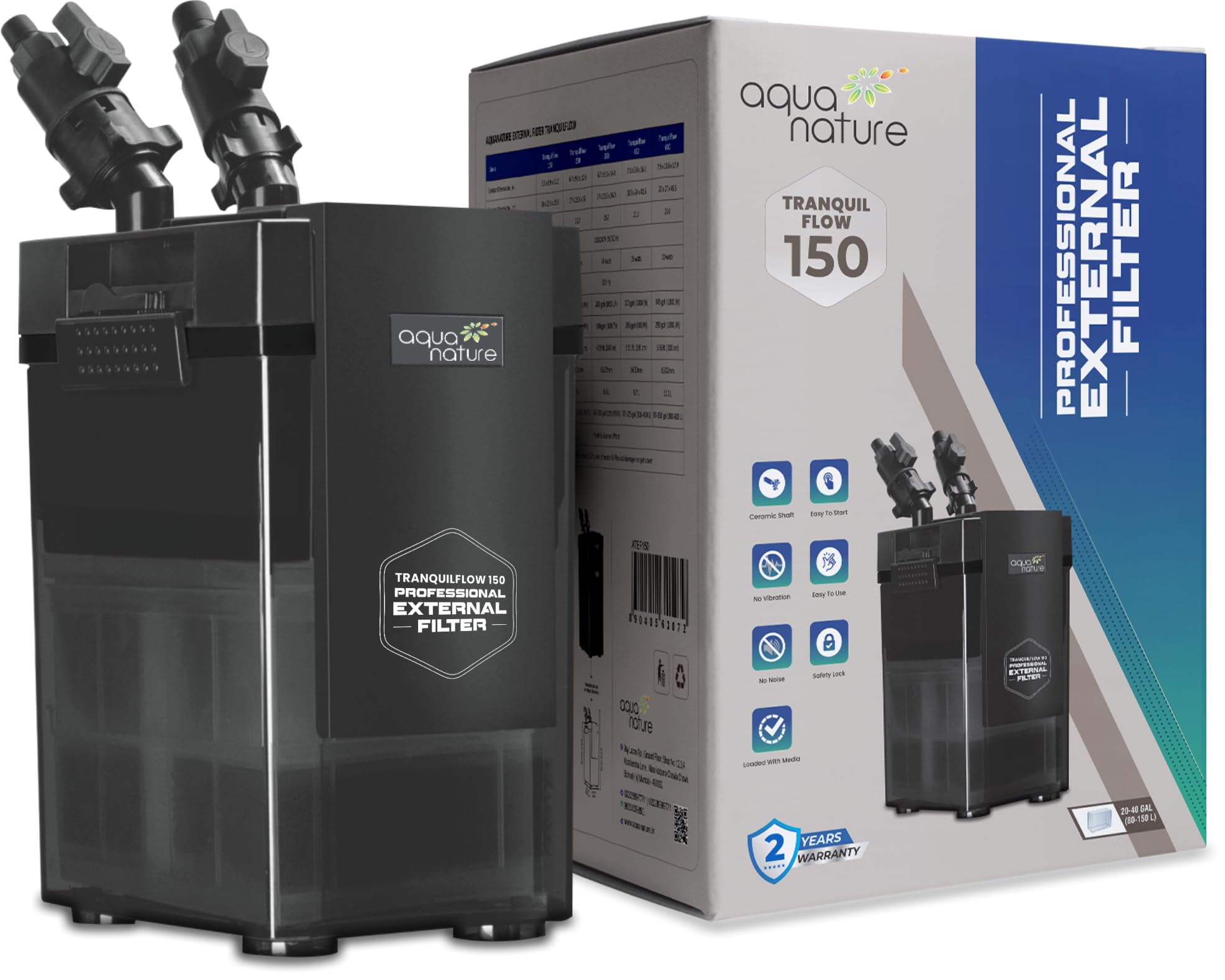 aqua nature Tranquil Flow Professional External Canister Filter with Fully Loaded Media for Freshwater & Saltwater Aquarium (Tranquil Flow -150)(Suitable for 150L Aquarium -Pump Output 700 l/h)