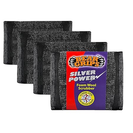 BEAR GRIPS Silver Power Foam/Sponge Wool Scrubber with Steel Loops for Tough Oily Stains Dish Wash Scrub - Pack of 4