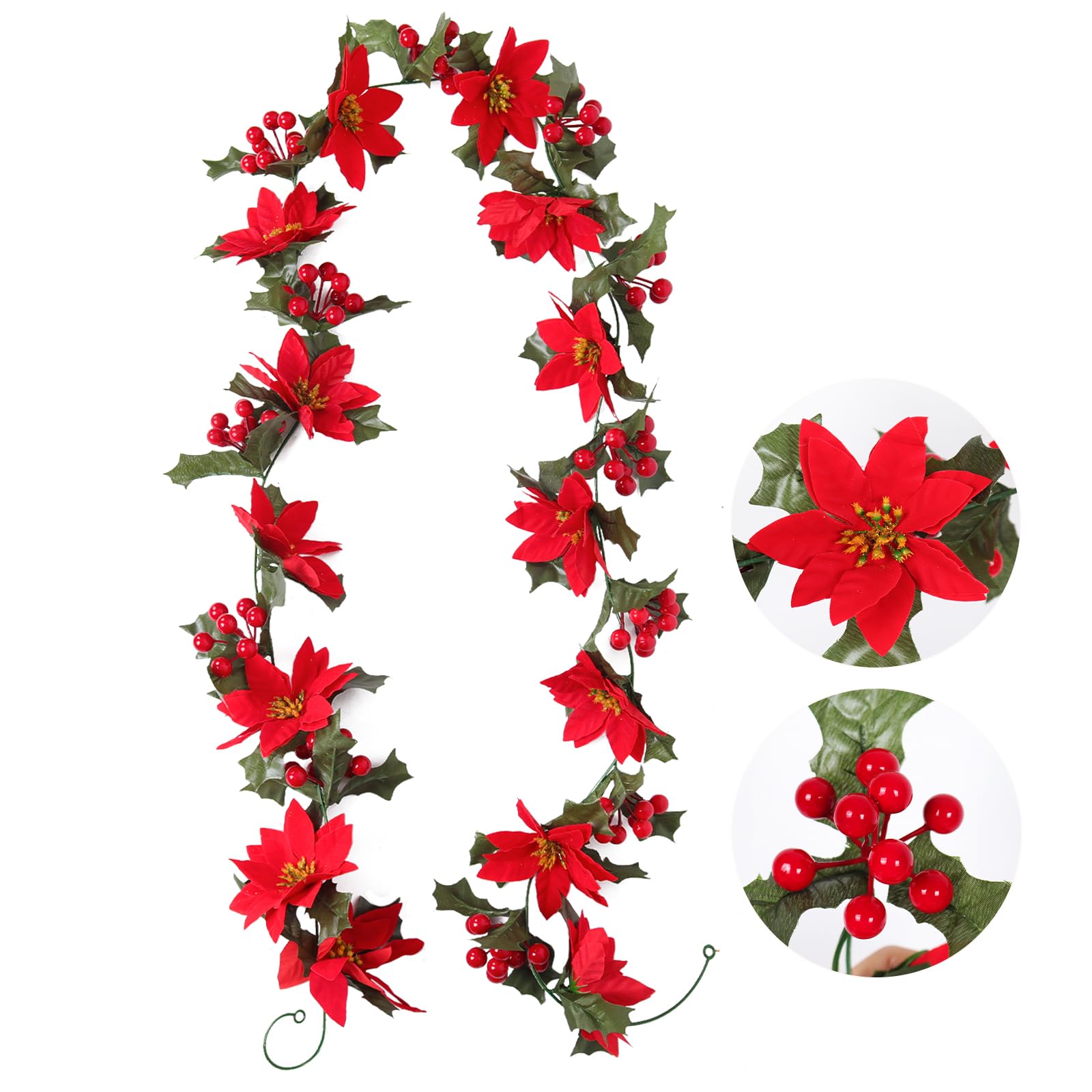 2 guirnaldas de Navidad de Flores de Bayas Rojas de 6.5 pies, Flores de Pascua Artificiales de Acebo, Decoraciones de ratán para Interiores y Exteriores, hogar, jardín, Escalera, Puerta, Ventana,