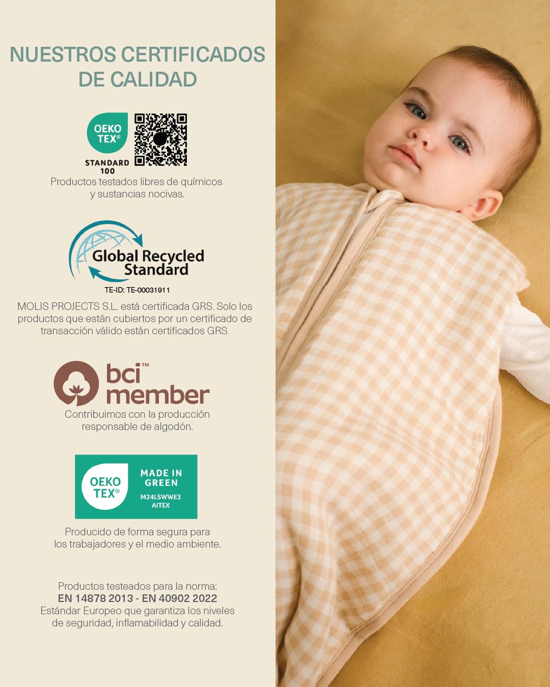 molis&co - Saco Dormir Bebé TOG 1-95 cm (18-36 Meses) - Saco Dormir Bebe Primavera y Otoño sin Mangas - Saco de Dormir Bebe para Niños Niñas (Unisex) - Muselina de Bambú Premium - Vichy Sand