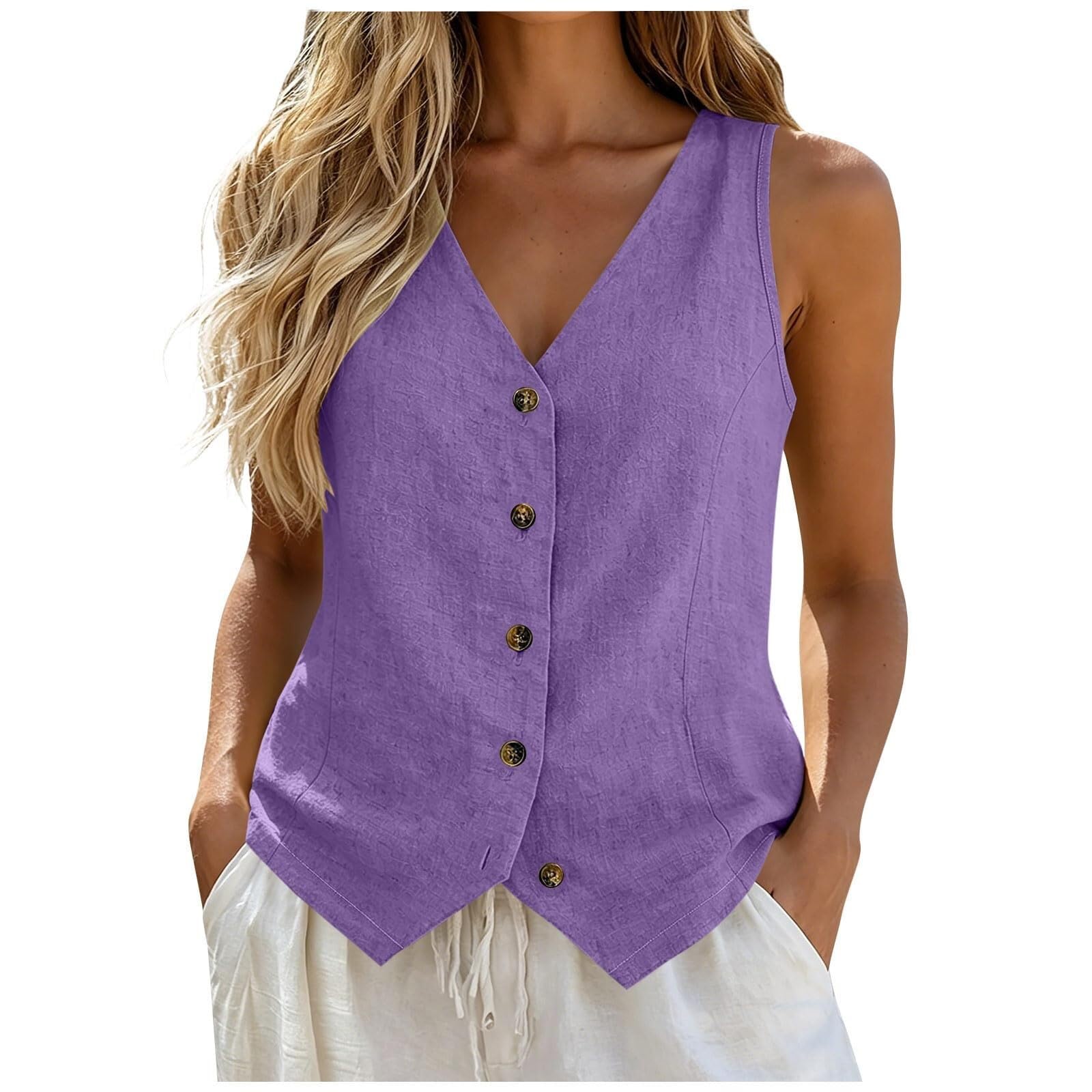 Damski lniany tank top bez rękawów, dekolt w serek, lekki letni bawełniany
