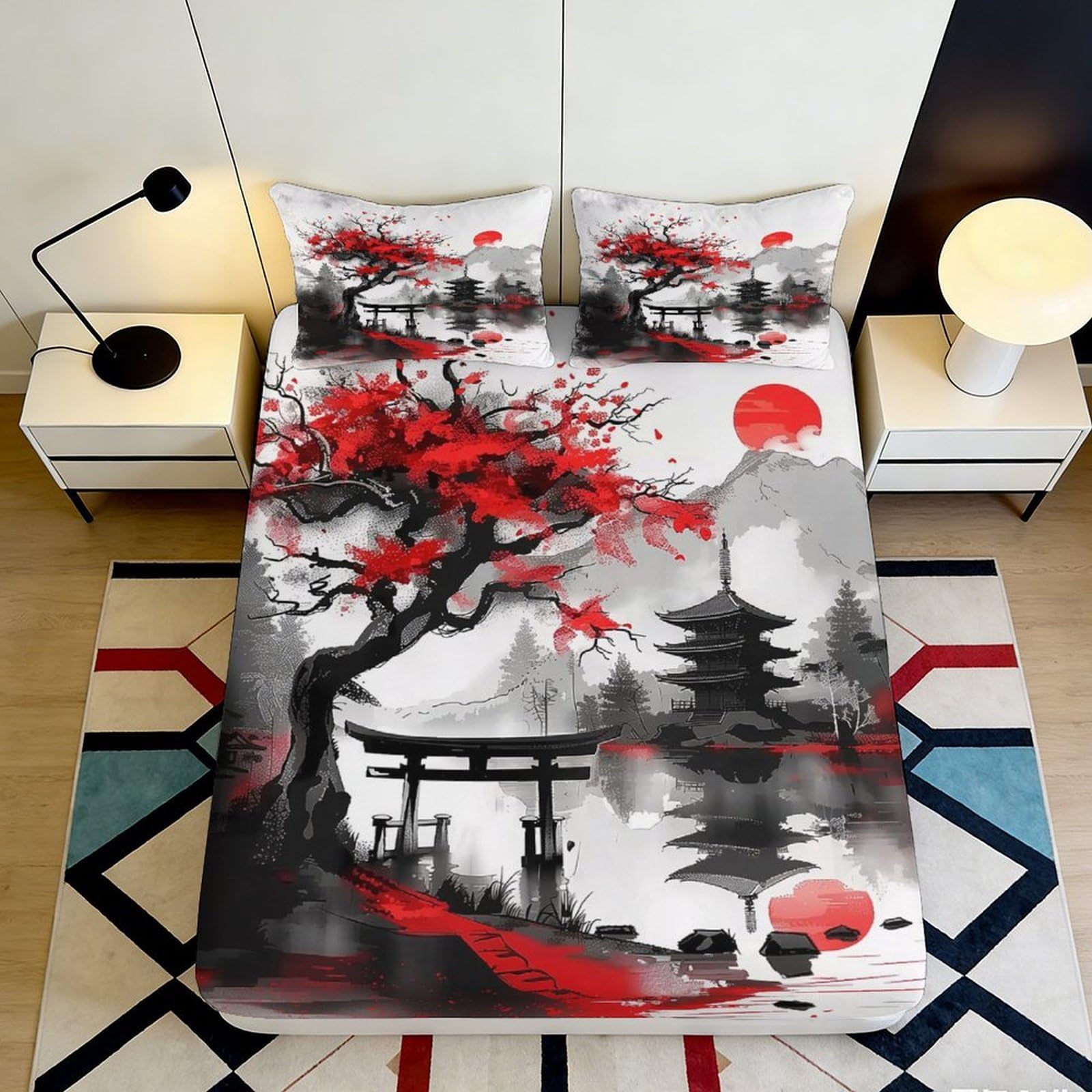 3D Printed Japanese Red Maple Fitted Sheet Microfiber Art Pagoda Bed Cover for Bedroom Guest Room Decor 90x200x25cm