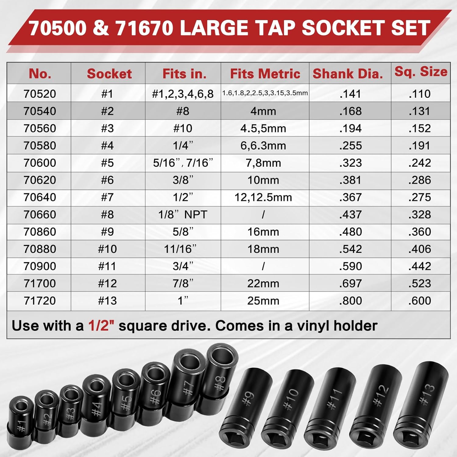 70500 & 71670 Tap Socket Set, 13Pcs Tap Set Socket Wrench Adapter Kit, Standard & Metric Made Sockets, Fits Square Drive Tools, Compatible with All Number and Fractional M.C.T.I. Standard Taps