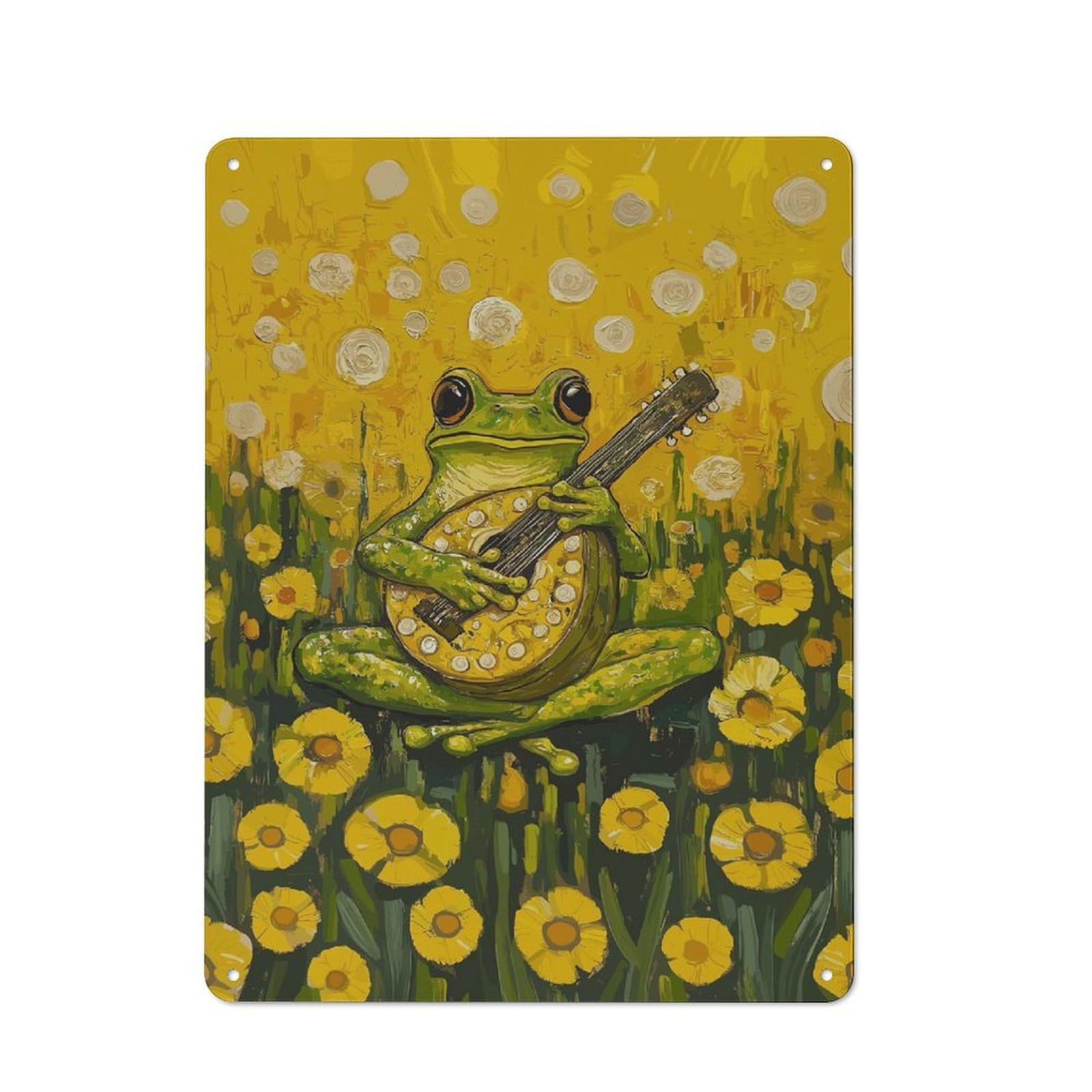 Junmoney Frog Playing Mandolin Metal Wall Sign 40X30cm Featuring For Garage Wall, A Housewarming Gift For People Furnishing A Garage