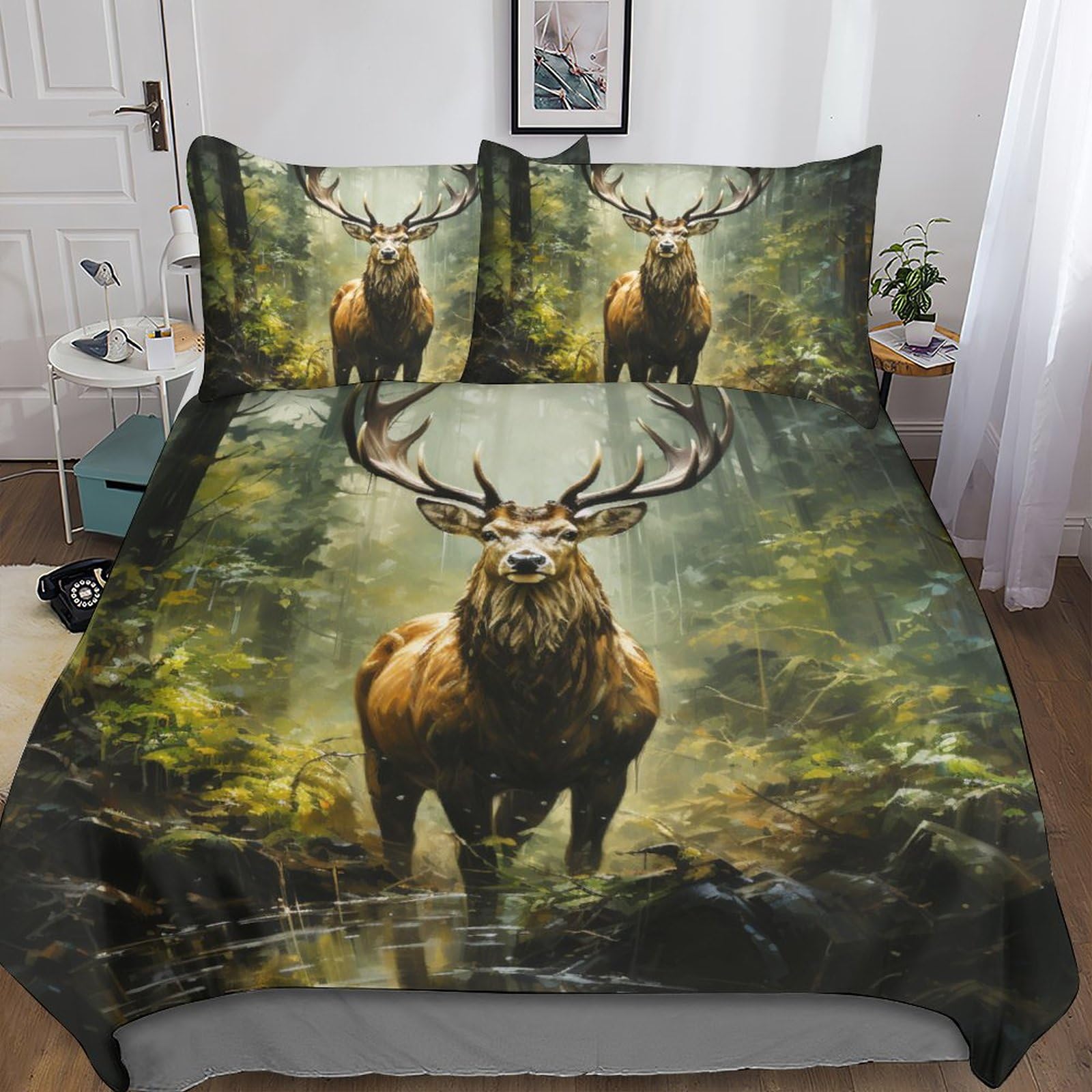 Parure de couette 3D élan bois profonds linge de lit hypoallergénique pour lit 2 personnes