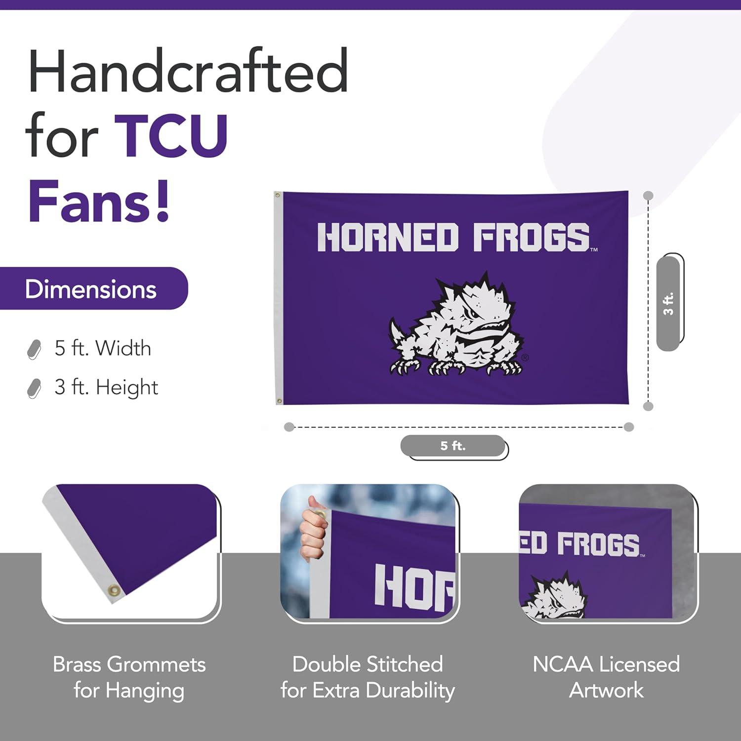 TCU Horned Frogs College Sports Printed Flag - NCAA Licensed - Nylon - School Banner (Purple, White, Black) (3' x 5') - Image 2