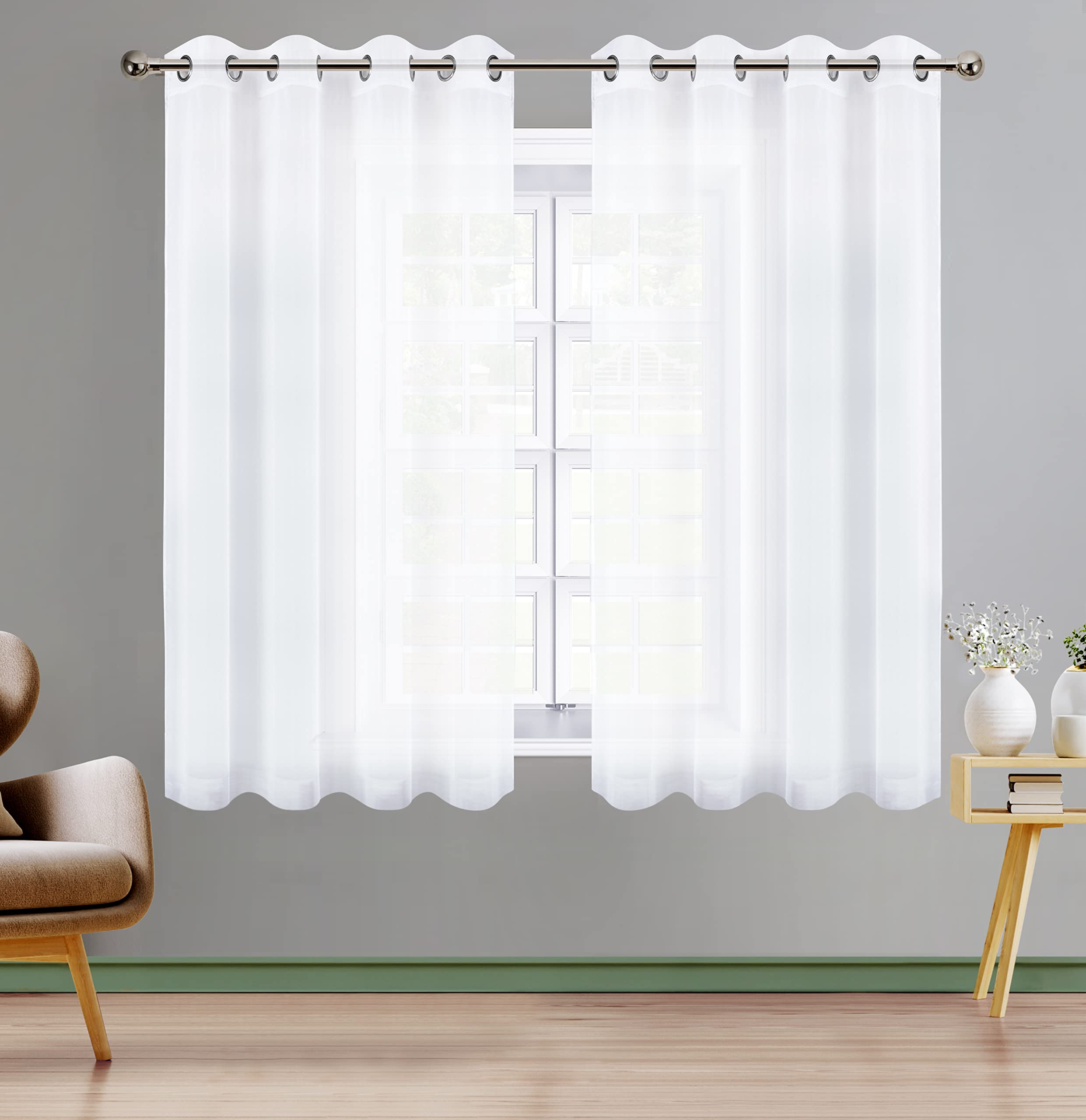 Utopia Bedding Sheer Curtain Grommet Top Voile Window Treatment 2 Panel Set - Luxurious Semi Transparent Drapes for Dining Room, Living Room and Bedroom, 52 x 45 inches, White