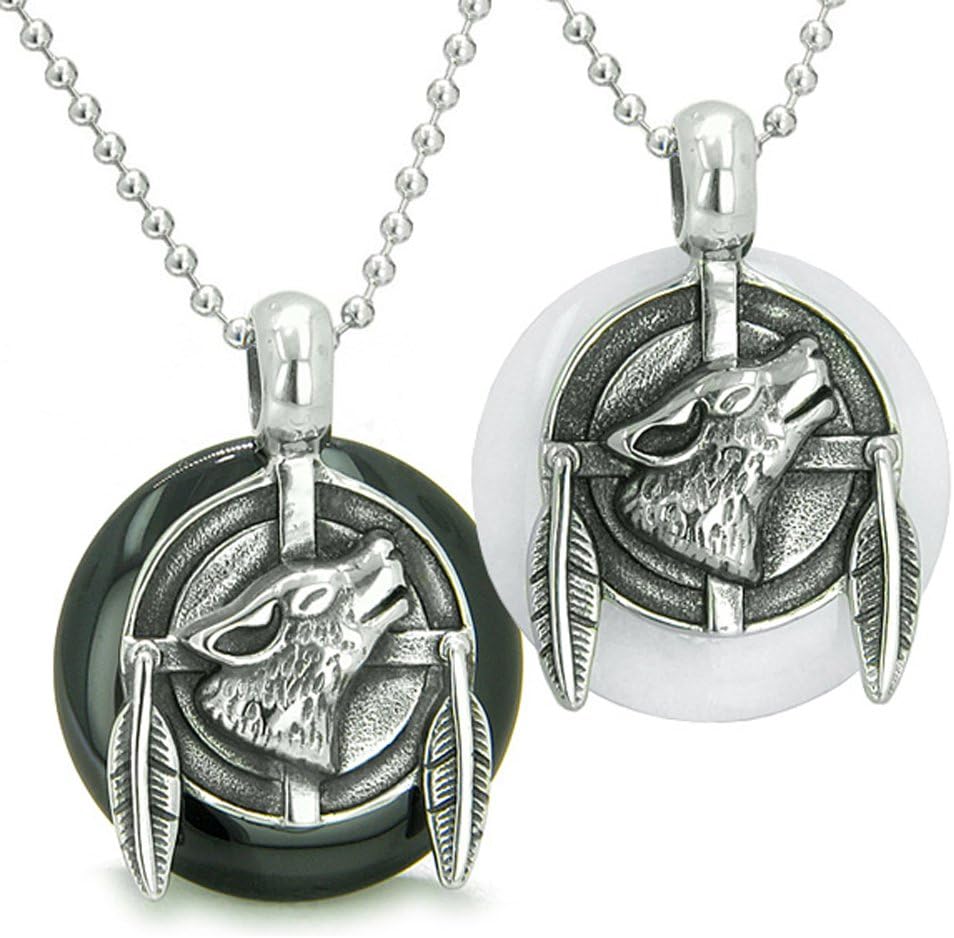 BestAmulets Amulets Love Couple Howling Wolf Feather Ying Yang White Quartz Black Agate Pendant Necklaces