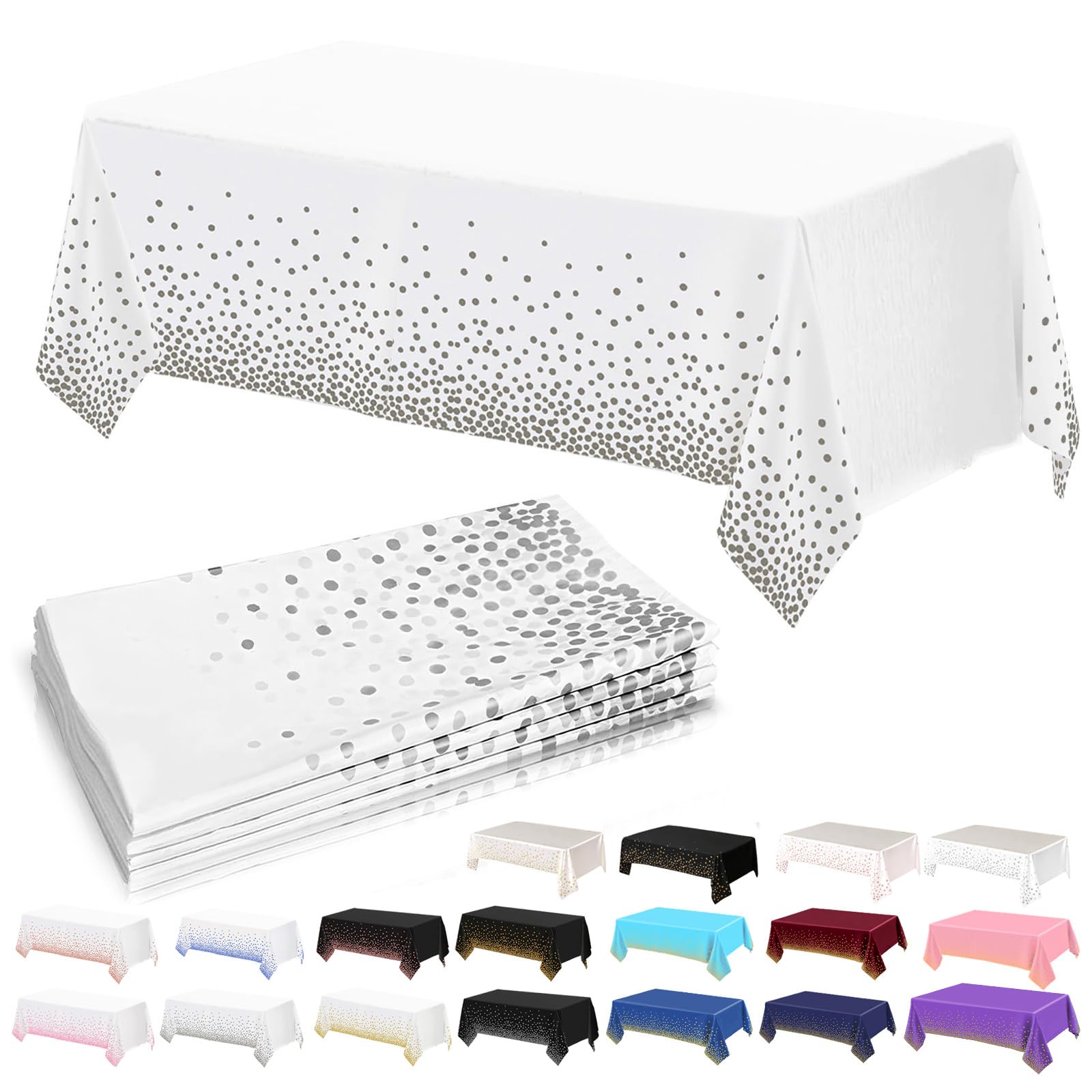 4Pack Plastic White and Silver Dots Table Cloth Party for Rectangle Tables,137x274cm Decorative Paper Table Cloths for Parties Disposable Table Cover for Picnic,Baby Shower,Wedding,Birthday,Christmas