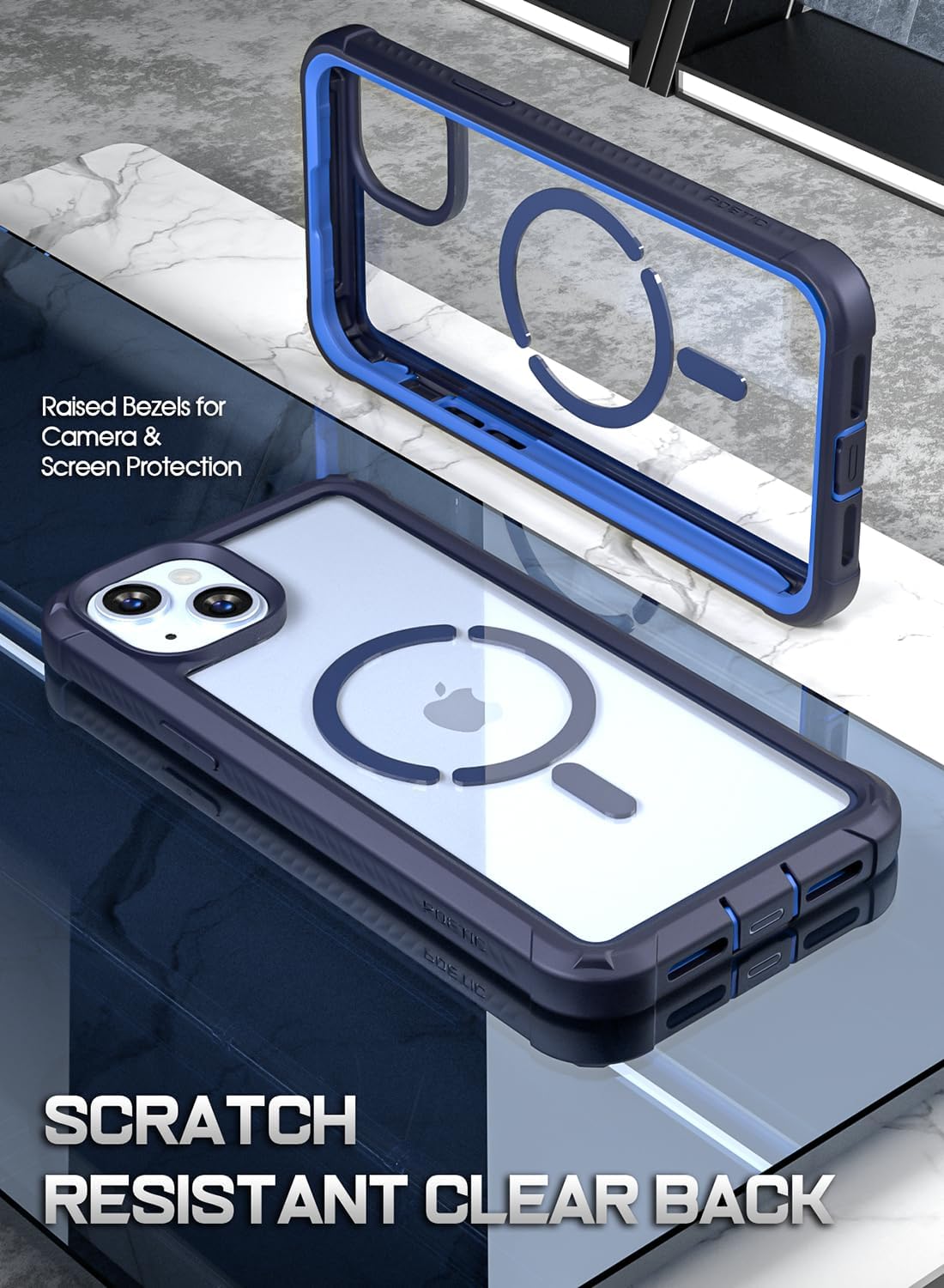 Poetic Guardian MagPro Case for iPhone 15 6.1 Inch,[Compatible with MagSafe][20 FT Mil-Grade Drop Tested] Full-Body Shockproof Rugged Clear Cover with Built-in Screen Protector, Blue/Clear