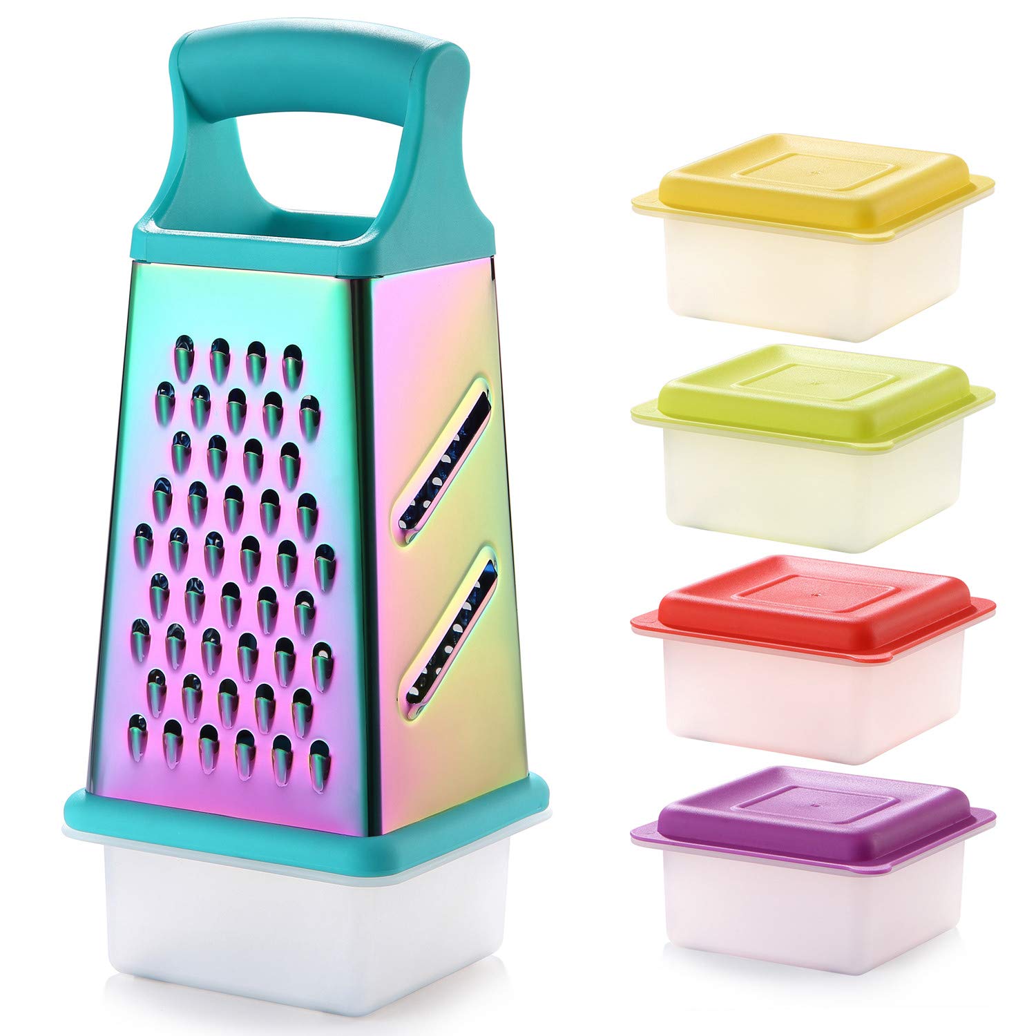 Marco Almond® KYA57 Professional Rainbow Color Box Grater,Stainless Steel Grater with 4 Sides,Slicer 5 Piece Set, Potato,Cheese,Cucumber,Salad Vegetables Graters Peelers, Turquoise