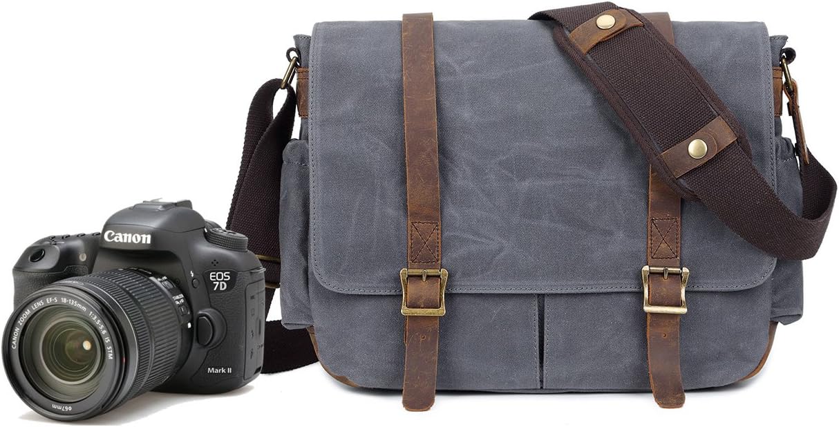 DSLR Camera Messenger Bag Waterproof Vintage Canvas with Portable Interior Professional Digital Camera Bag Casual Shoulder Bag Travel Photography Bag iPad Magazine Pocket for Sony Canon Nikon Gray