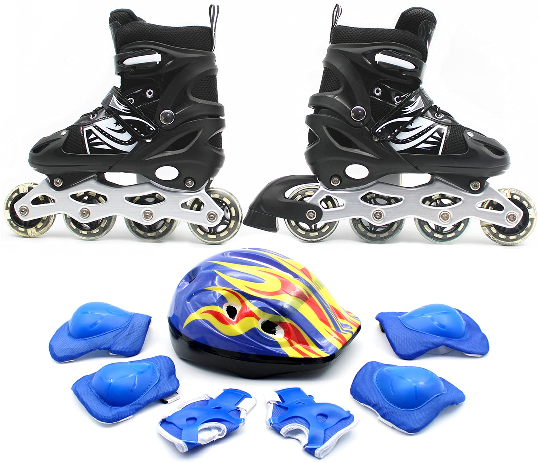 EASY FUTUREEASY FUTURE Inline Skates Adjustable Size Roller Skates with Flashing Wheels for Outdoor Indoor Children Skate Shoes Including Full Protective Gear Set 4 Colors 3 Sizes for Choose