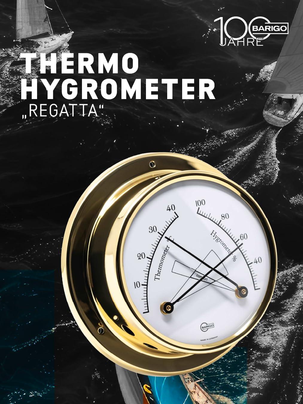 BARIGO 984MS Regata termohigrometr - 125 x 40 mm - z obudową z mosiądzu polerowanego - Made in Germany