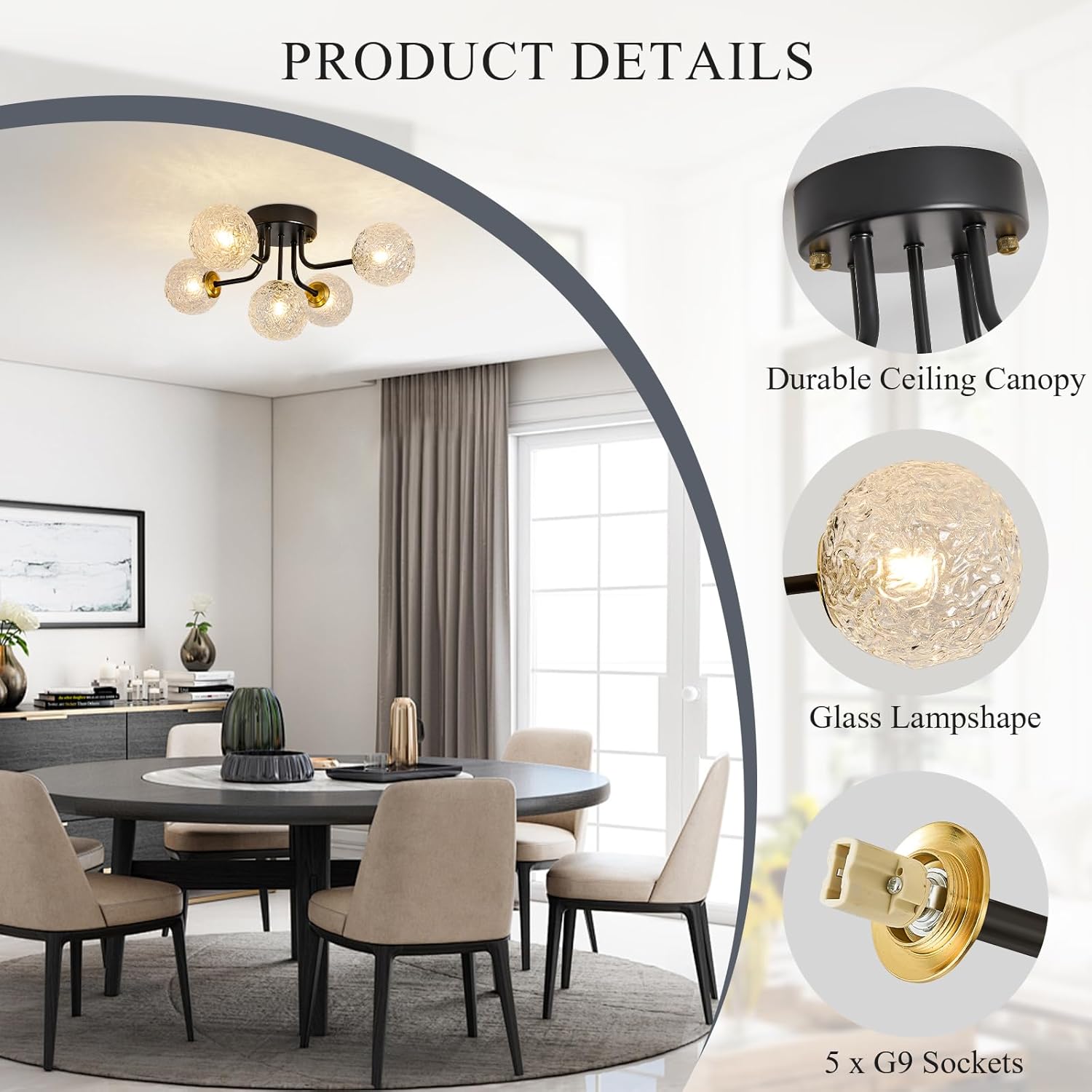 Semi Flush Mount Ceiling Light Black 5-Lights Sputnik Ceiling Light Mid Century Modern Clear Glass Globe Close to Ceiling Light for Bedroom Kitchen Entryway Closet