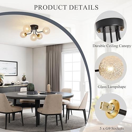 Miniatura 6 de Lámpara de techo semiempotrada de 5 luces Sputnik color negro, lámpara de techo Sputnik moderna de mediados de siglo, globo de vidrio transparente