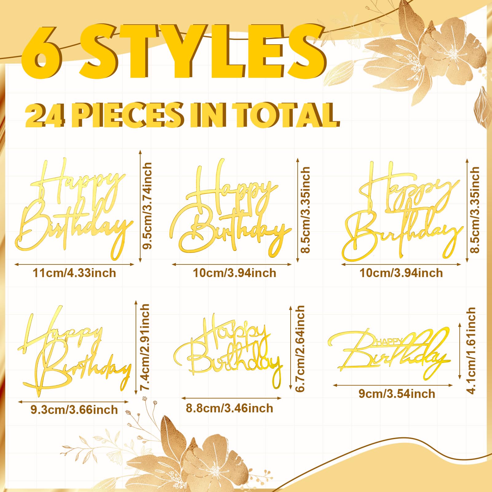 Black Happy Birthday Cake Topper, Mirrored Gold Acrylic