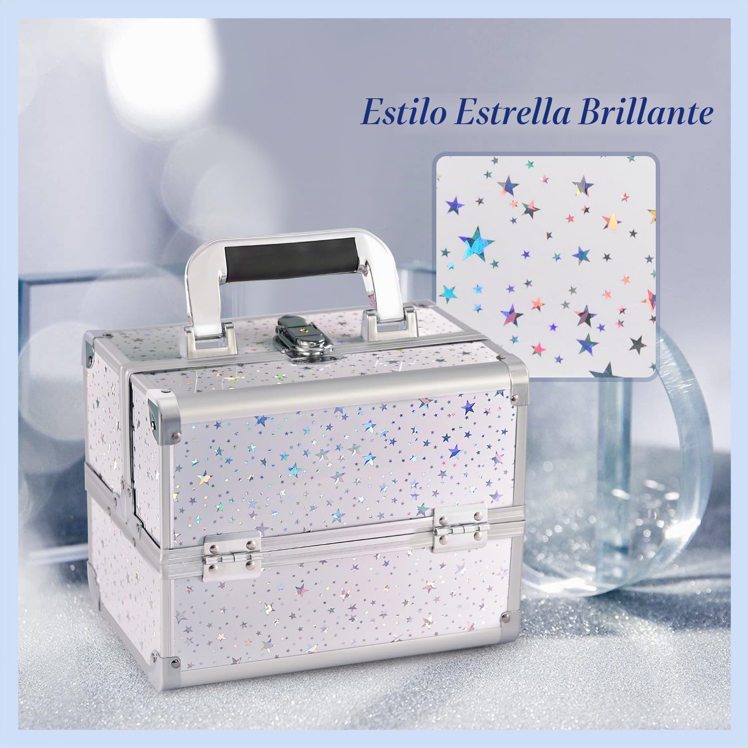 Joligrace Estuche organizador de maquillaje para cosméticos, caja de almacenamiento de belleza, caja de tocador con espejo con cerradura y llaves, Estrella holográfica blanca