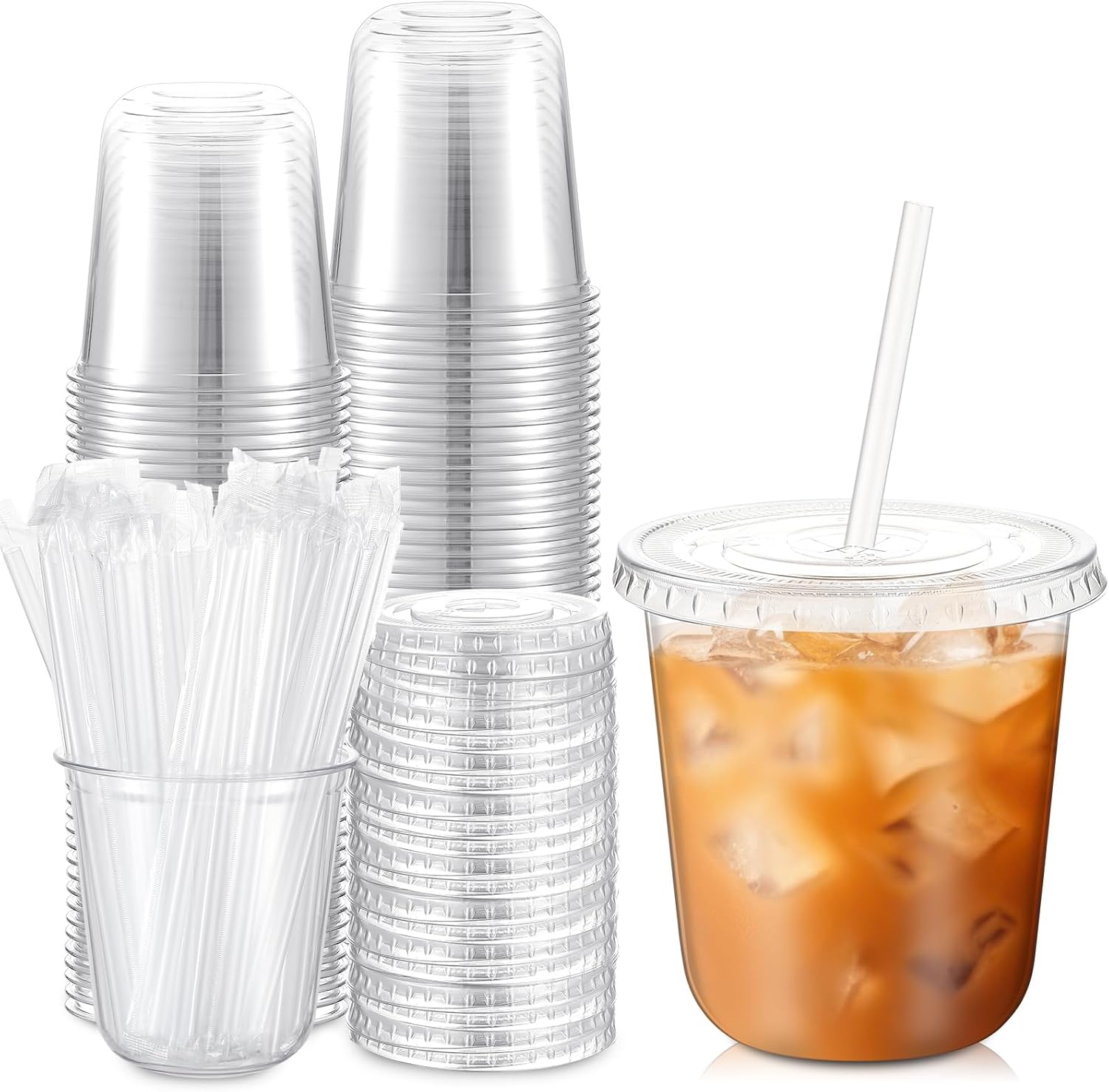 100 Sets Clear Plastic Cups with Lids and Straws, Disposable Iced Coffee Cups for Drinking, Cold Drinks, Juice, Smoothie, Pet Cup for Coffee Shops, Party, Christmas(20 oz)