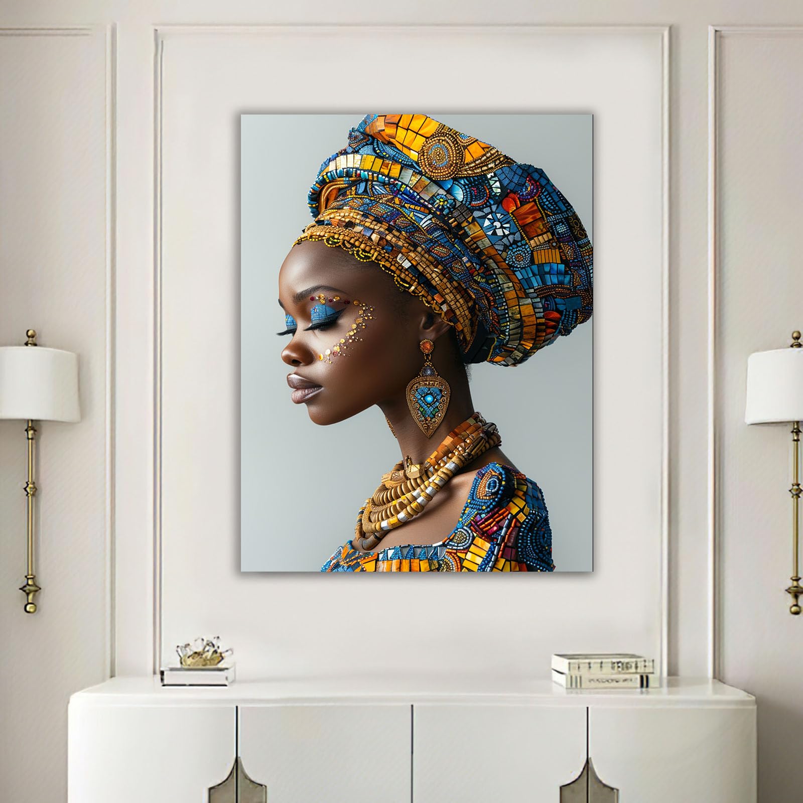WQBQKKX Mujer Africana Lienzo Cuadro Retrato abstracto Cuadro Sobre Lienzo Moderno Dormitorio Cocina Cuadros Pared Imágenes Wall Art（Azul 16-70x100cm Enmarcado