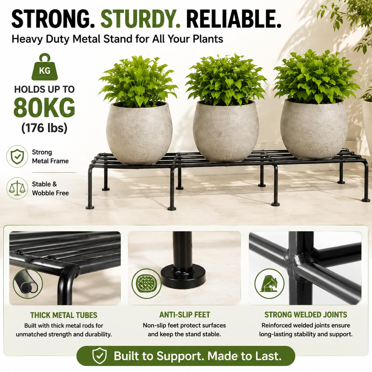 TrustBasket Bold Plant Stand | 24 Inch, Set of 4 | Durable 9 Layer Coating Anti-Rust Metal | 75 KG Capacity | Plant Stands for Outdoor Balcony & Indoor Living Room | Pot Stands for Plants in Balcony | Black 1