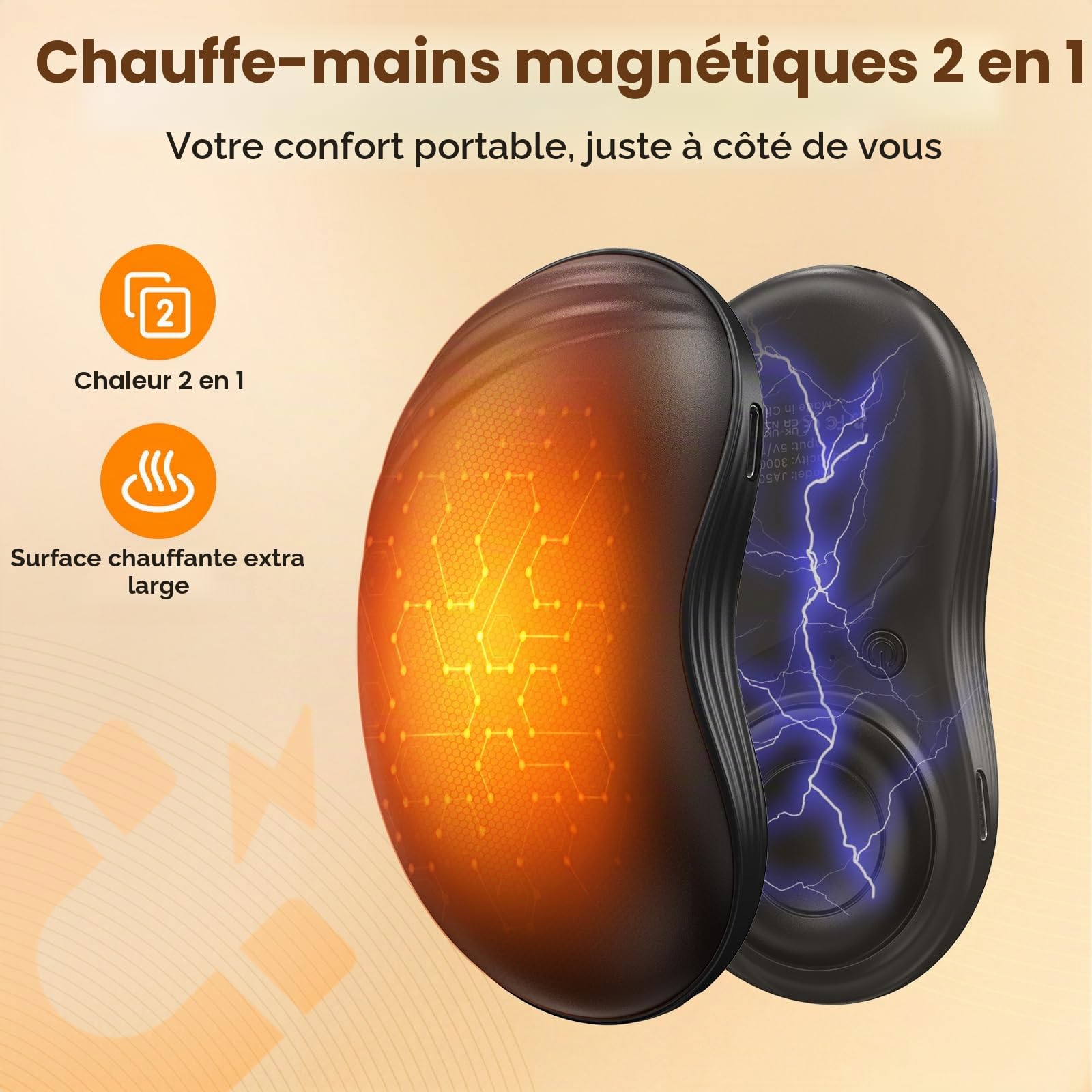 Chauffe-Main Rechargeable 2 en 1 Magnétique – Chaufferette Main Électrique Réutilisable 6000mAh, 3 Niveaux de Chaleur, Cadeau de Noël Idéal Hiver pour Homme Femme, Golf, Camping, Plein Air