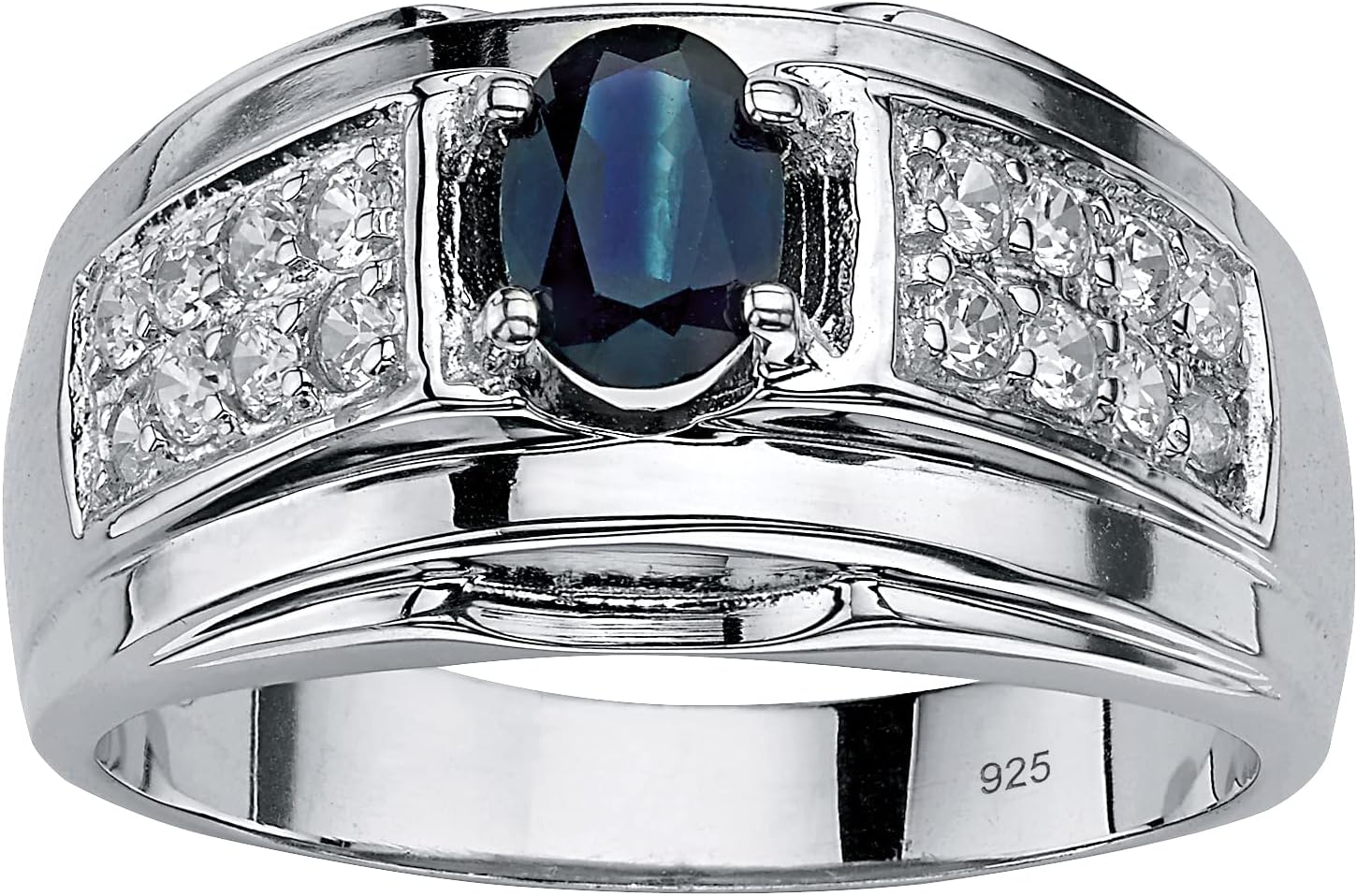 Palm Beach Jewelry Men's Sterling Silver Oval Shaped Genuine Blue Sapphire and Round Cubic Zirconia Ring