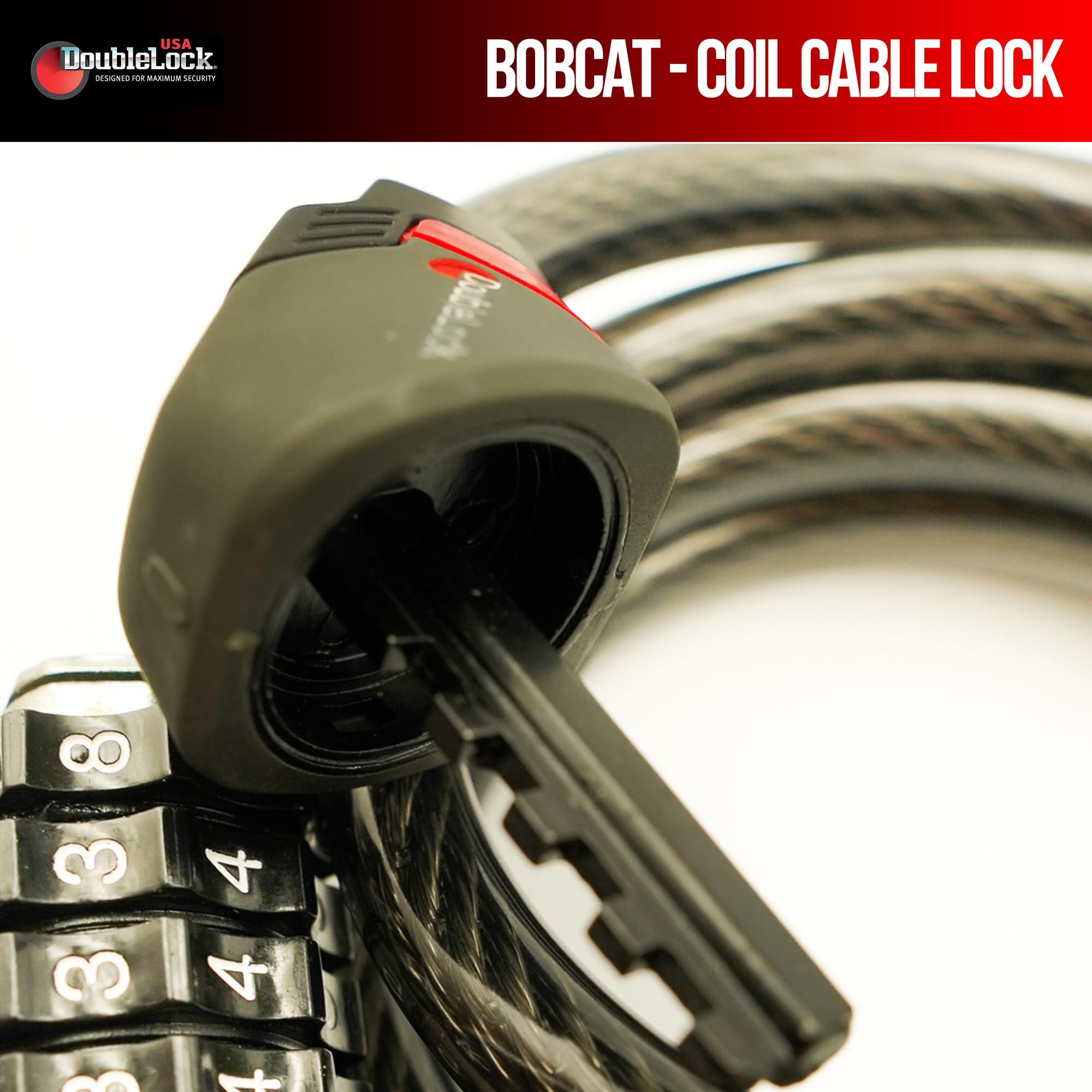 DoubleLock Bobcat XL Bobcat - Candado de cable con combinación de bobina y soporte para bicicleta, cable compacto de 4 dígitos de 4 dígitos de grosor para bicicletas, bicicletas eléctricas, scooters
