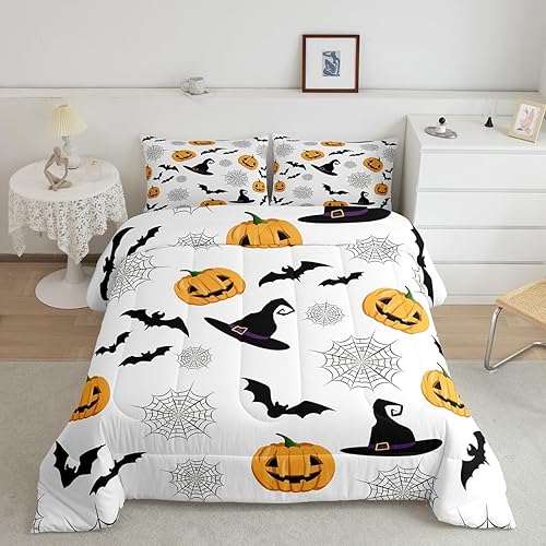 Erosebridal Juego de ropa de cama de Halloween para niños, edredón de plumón de linterna de calabaza, gótico y espeluznante, juego de edredón de
