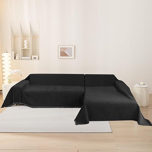 Miniatura 6 de MEETSKY Fundas negras para sofá de 3 cojines, aptas para mascotas, funda de sofá lavable de felpilla para sofá seccional, fundas protectoras gruesas