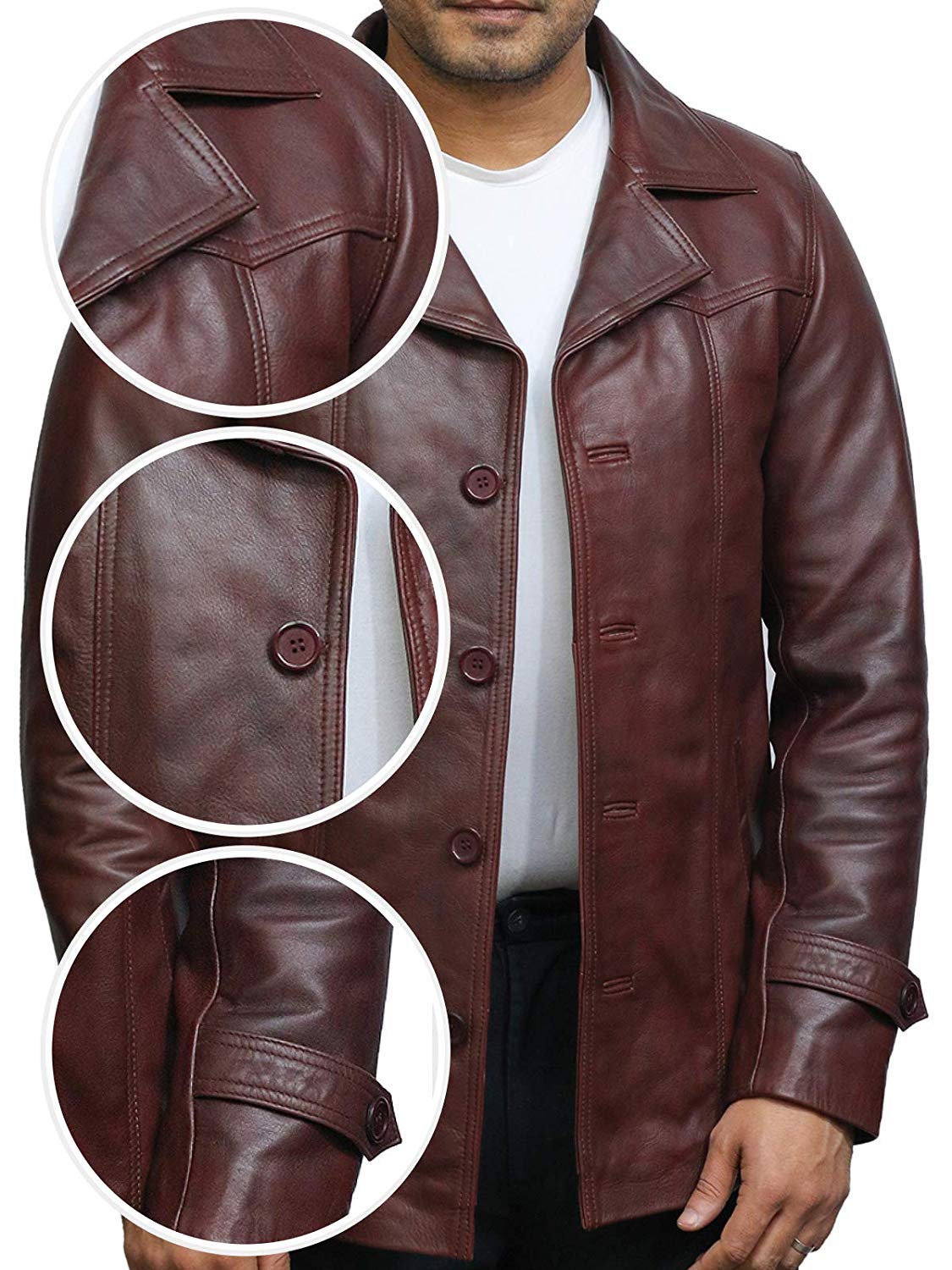 BRANDSLOCK Herren Echt Rindsleder Lederjacke Trenchcoat Safarimantel Gewaschen
