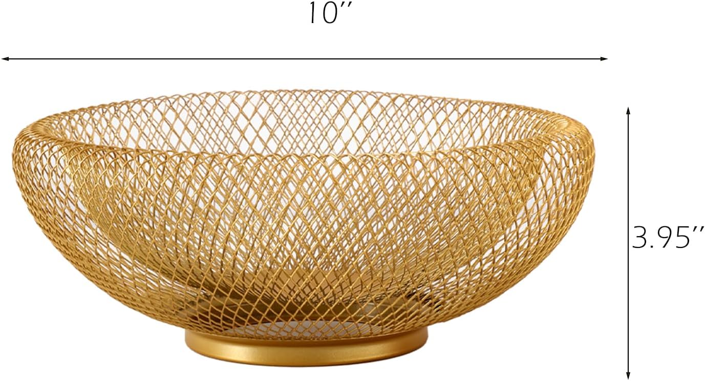IBWell Metal Wire Woven Fruit Storage Bowl Basket for Kitchen, Large Black Mesh Fruit Stand, for Apple, Pineapple, Banana, Orange, Lemon, Pear, Strawberry, Watermelon (Gold, Small)