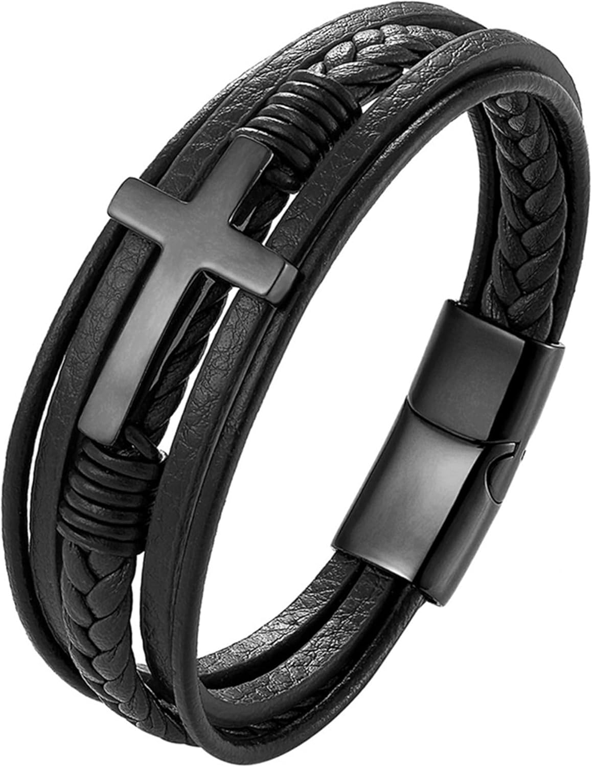 Cross Leather Bracelet for Men, Multi-Layer Braided Mens Religious Cuff Bracelets with Stainless Steel Clasp Anniversary Father's Day Birthday Christmas Jewelry Gifts for Him