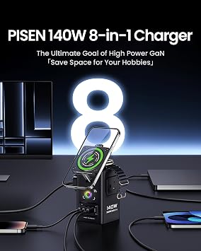 PISEN 8-in-1 Mag-Safe Charger Stand - 140W Charging Station for Multiple Devices Mag-Safe Stand Magnetic Qi2 Wireless Charger for iPhone 17/16/15/14/13/12 Series, Magnetic Charger for Apple Watch